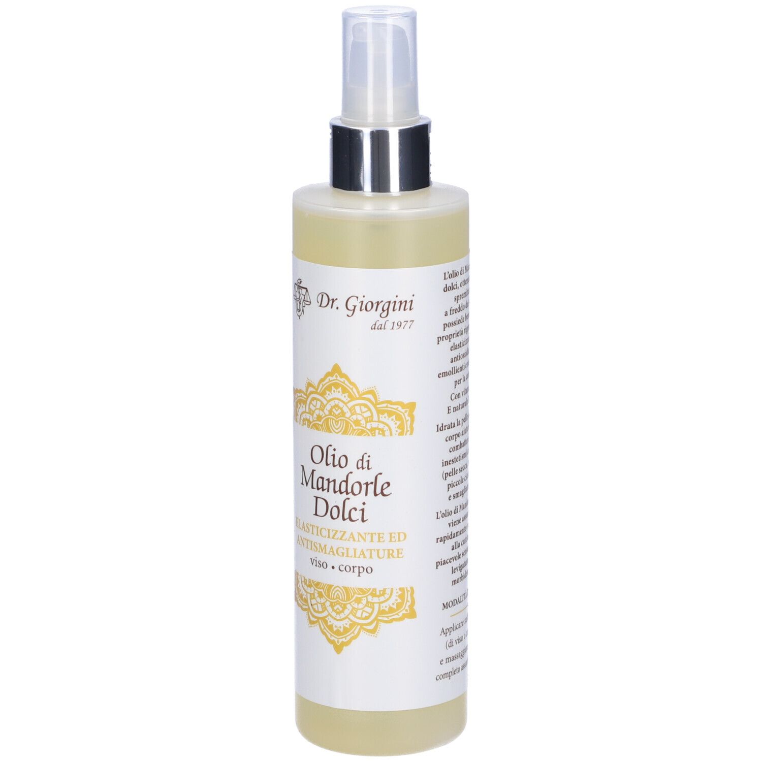 Flacone Olio di Mandorle Dolci. Con erogatore spray. Testo e logo.