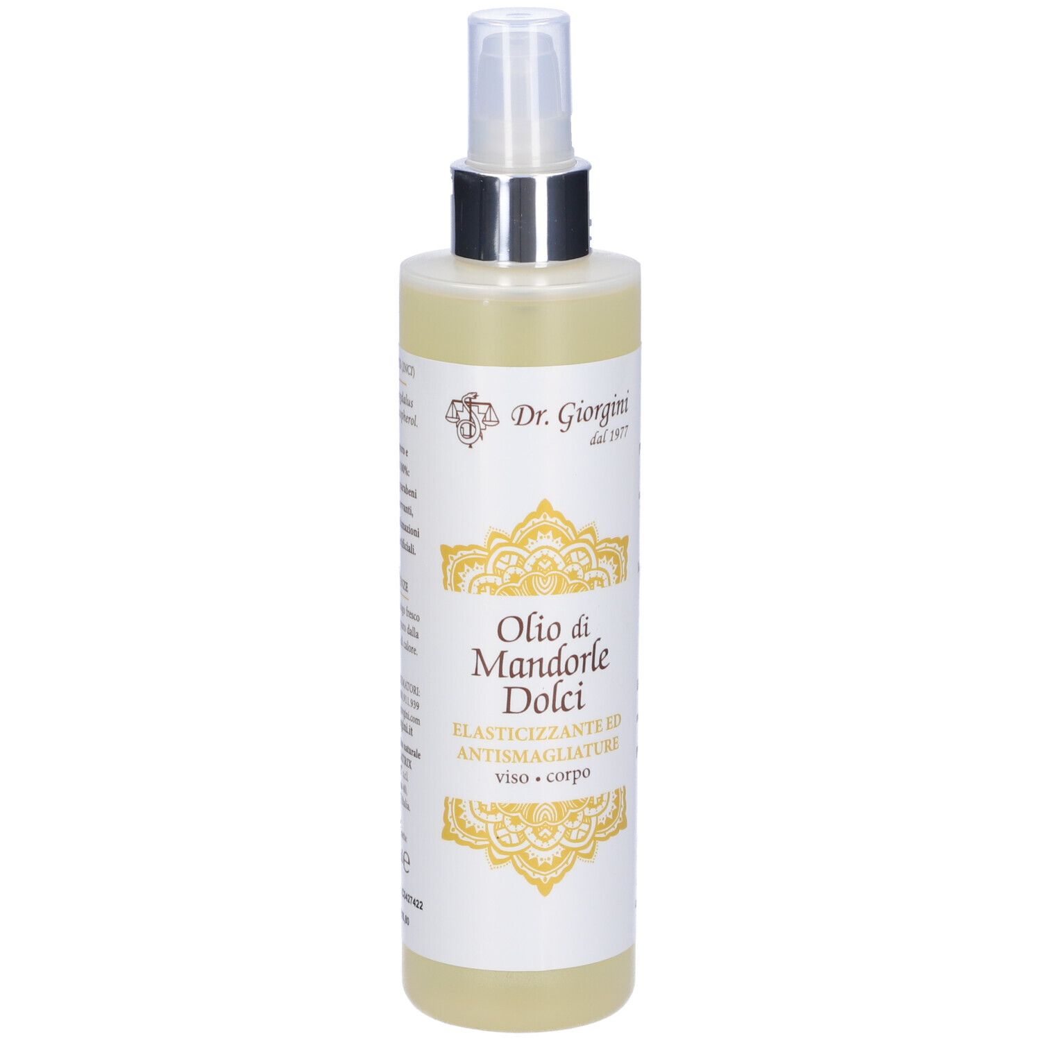 Flacone Olio di Mandorle Dolci. Con erogatore spray. Testo e logo.