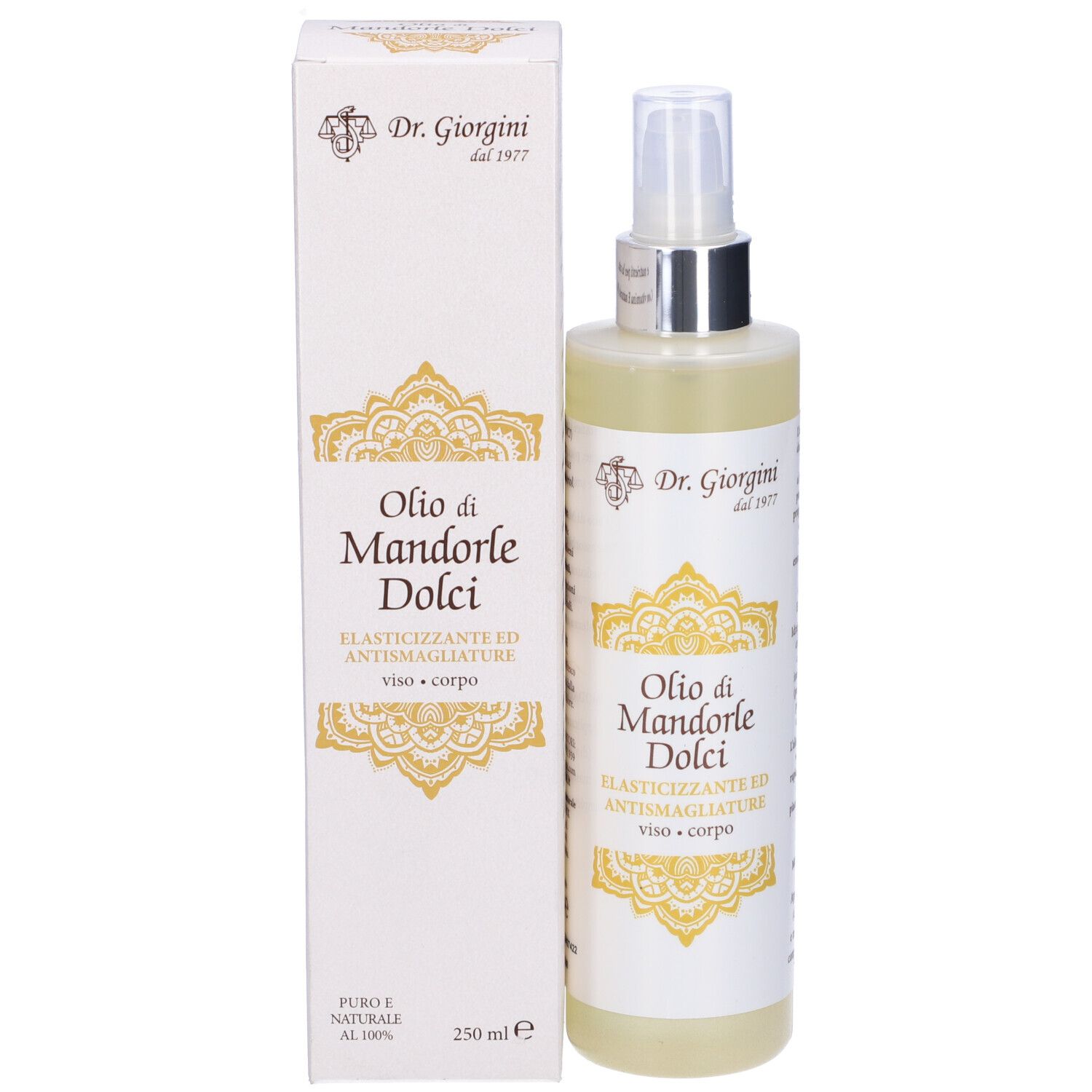 Flacone e confezione Olio di Mandorle Dolci. Con erogatore spray. Testo e logo.