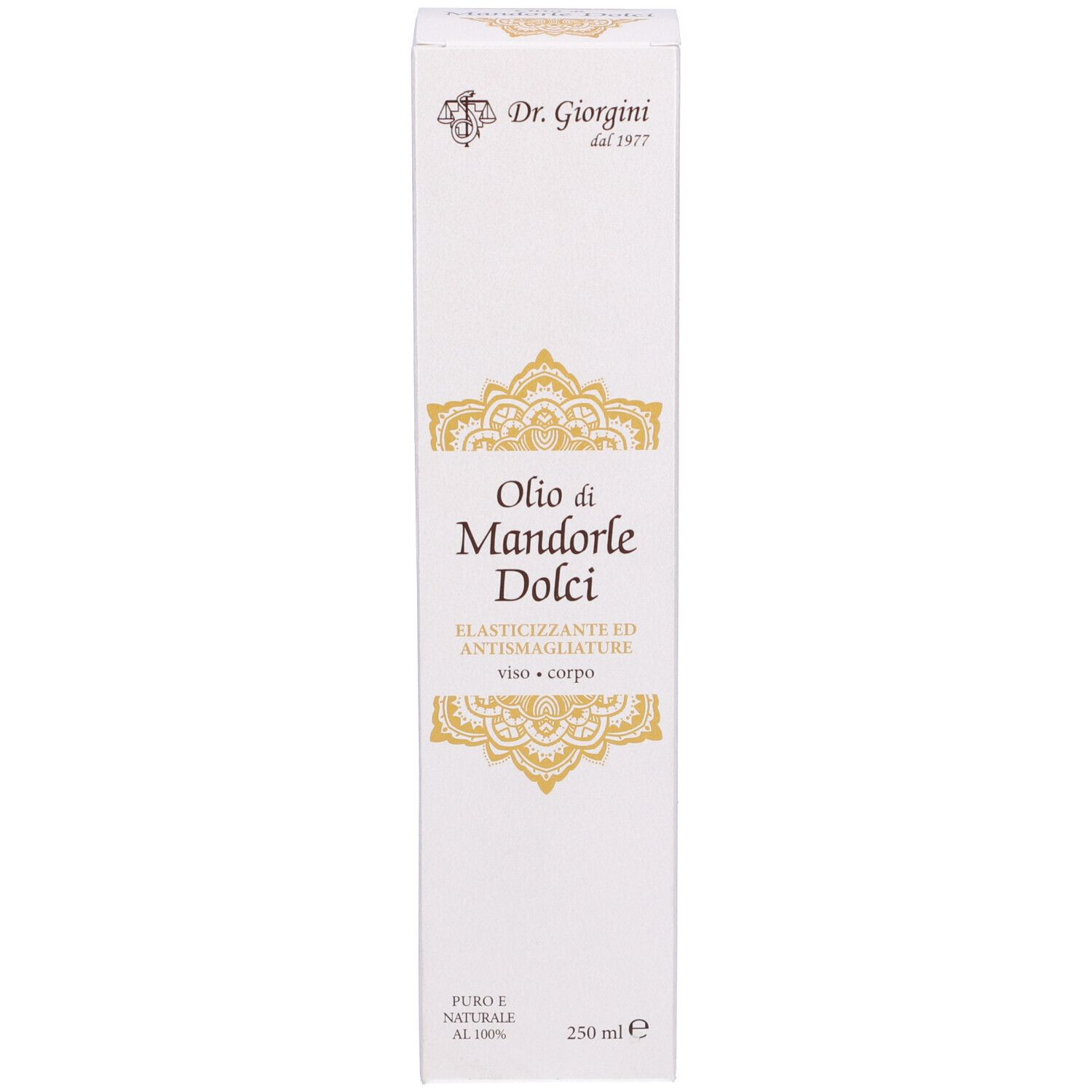 Confezione Olio di Mandorle Dolci. Testo e logo.