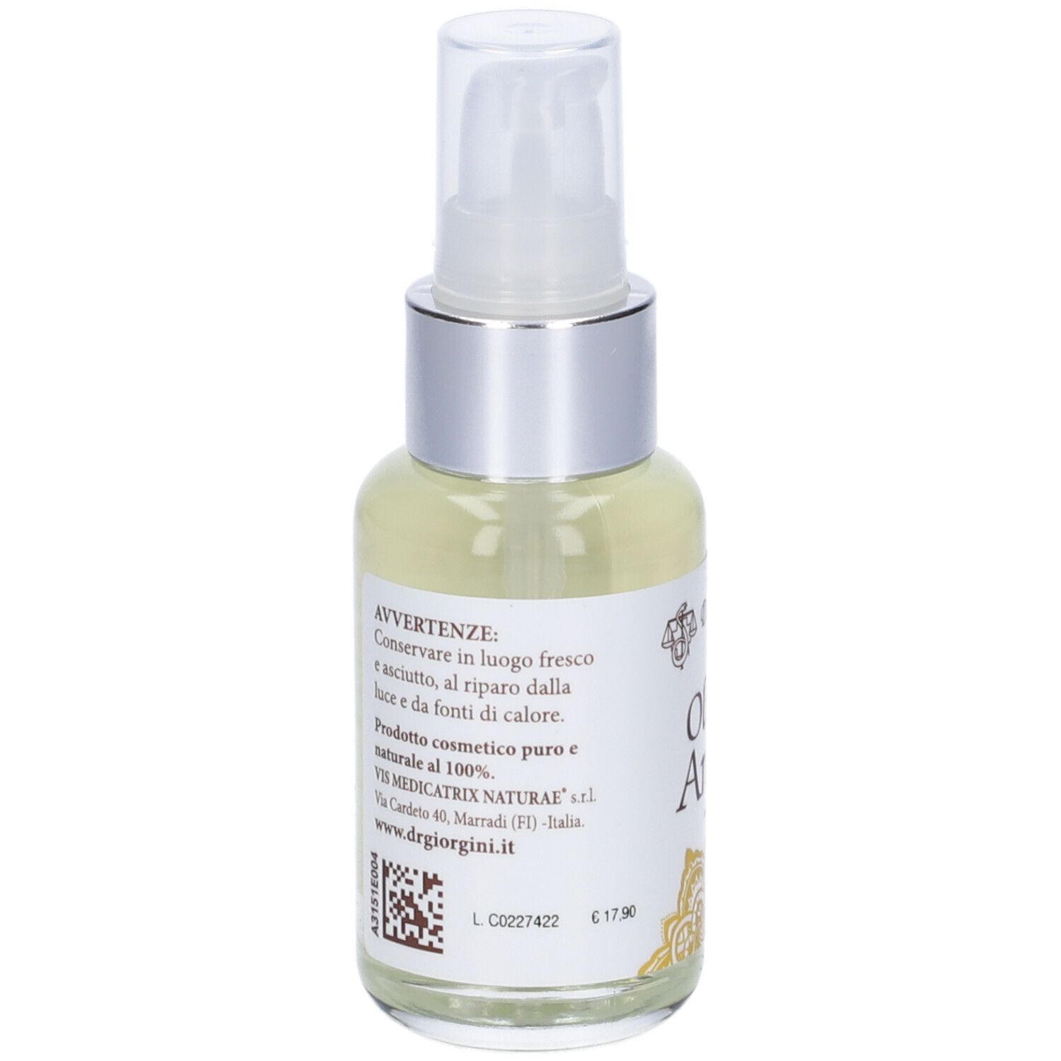 Flacone con vaporizzatore, liquido trasparente. Etichetta con testo. Marchio: Dr. Giorgini.