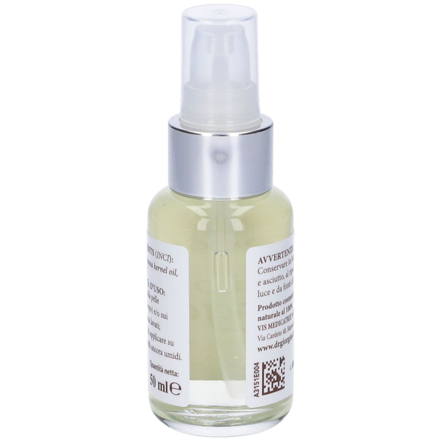Flacone con vaporizzatore, liquido trasparente. Etichetta con testo. Marchio: Dr. Giorgini.
