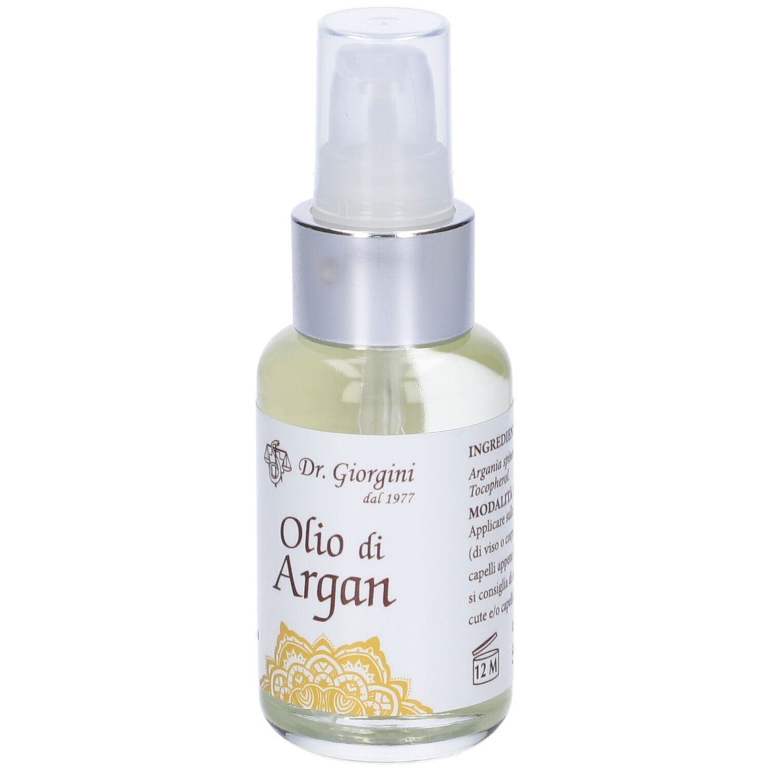 Flacone con vaporizzatore, liquido trasparente. Etichetta con testo. Marchio: Dr. Giorgini.