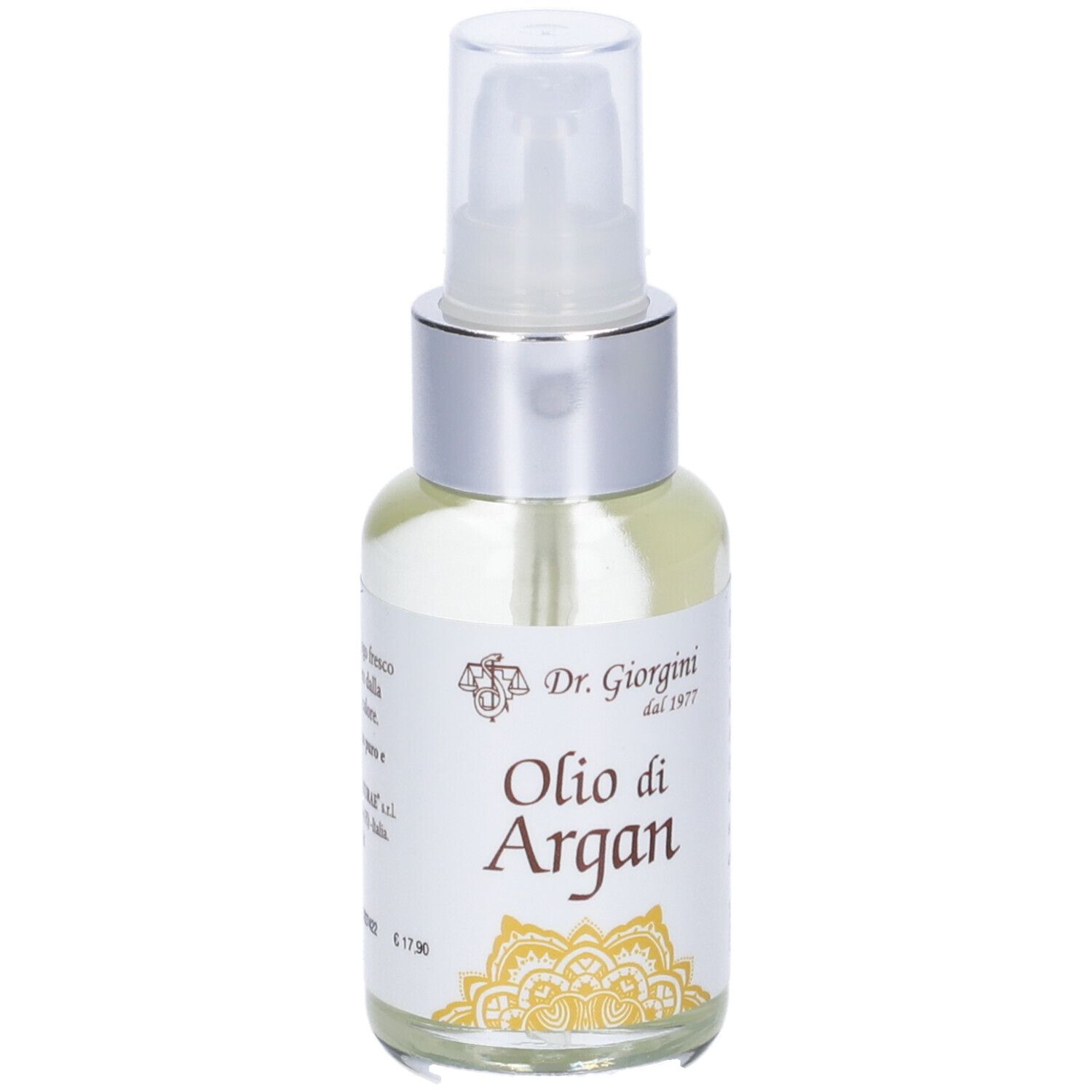 Flacone con vaporizzatore, liquido trasparente. Etichetta con testo. Marchio: Dr. Giorgini.