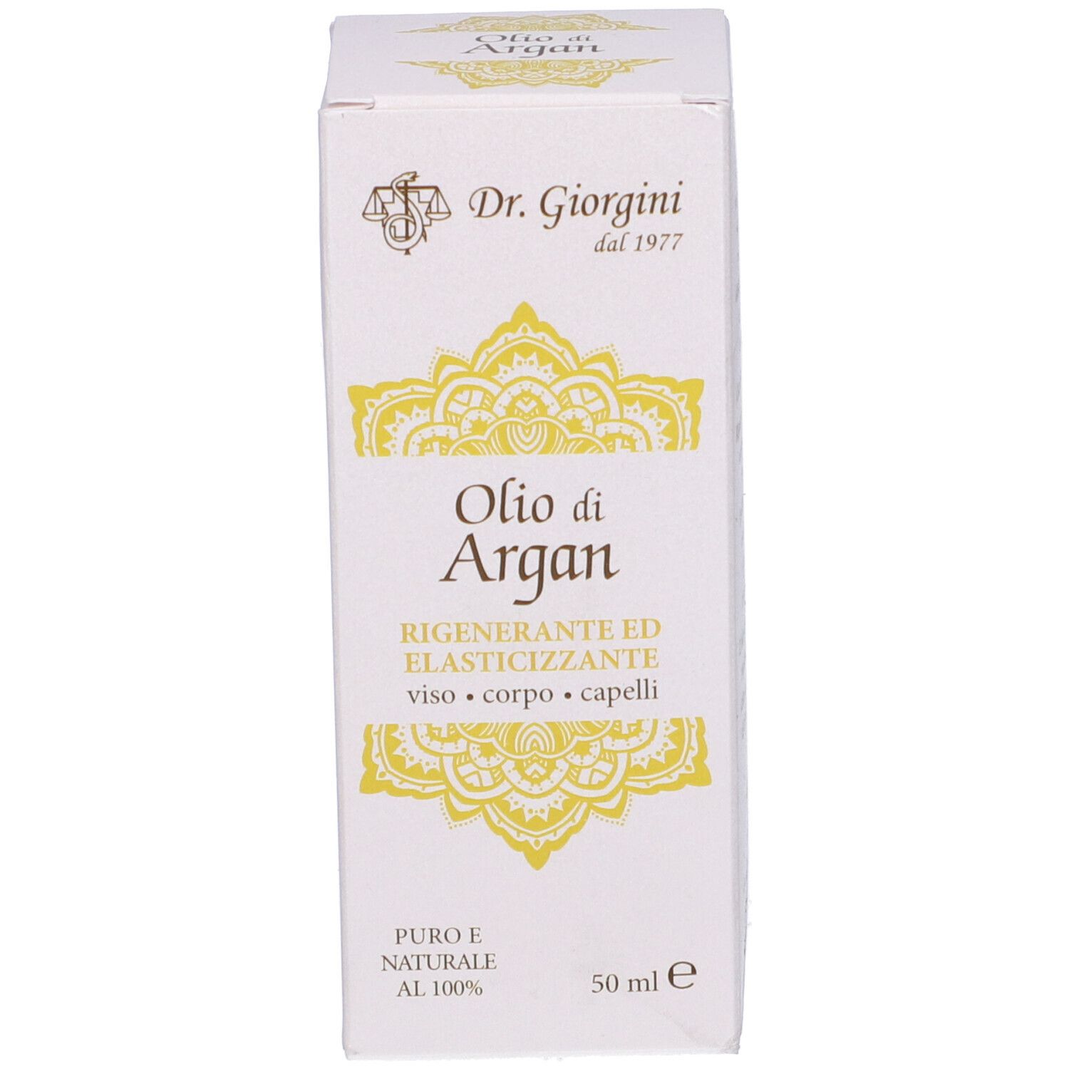 Scatola bianca con motivo dorato e testo. Marchio: Dr. Giorgini.