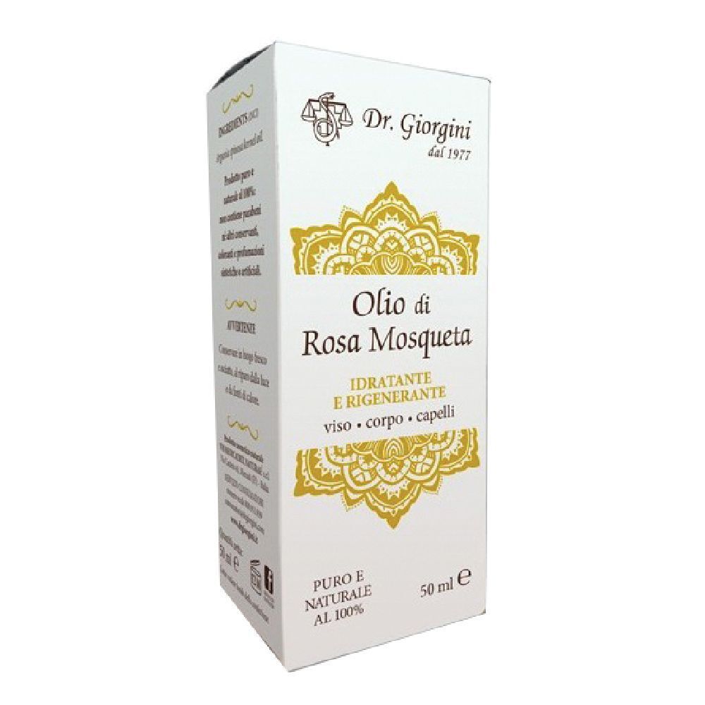 Weiße Kartonverpackung mit goldfarbenem Muster und Text. Aufschrift: Olio di Rosa Mosqueta, Dr. Giorgini.