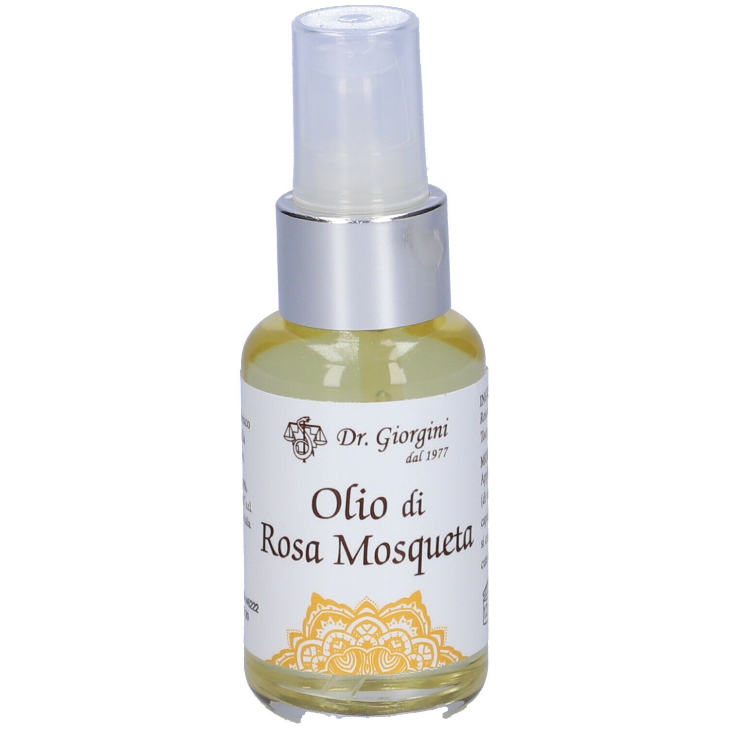 Klarflüssige Flüssigkeit in einer Sprühflasche mit silberfarbenem Verschluss. Aufschrift: Olio di Rosa Mosqueta, Dr. Giorgini.