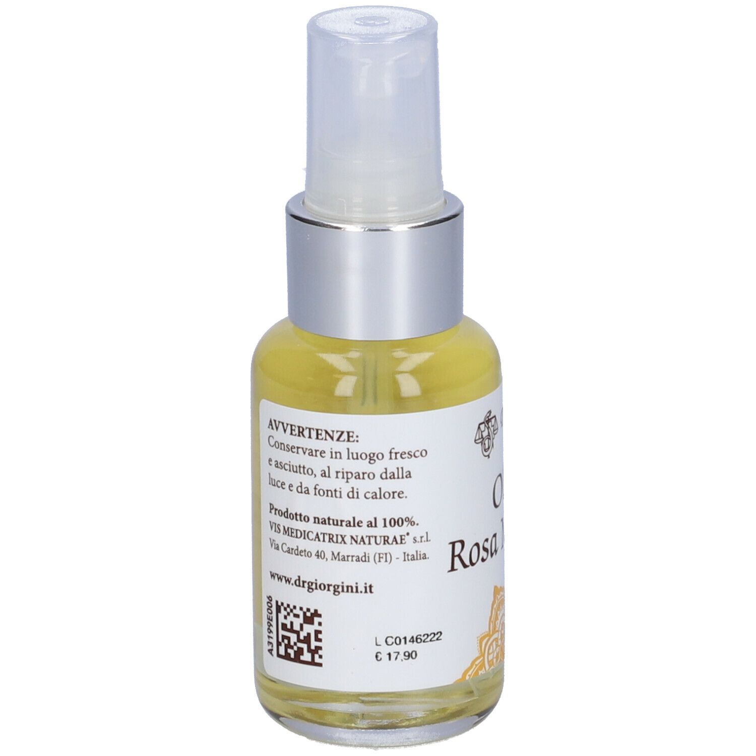 Klarflüssige Flüssigkeit in einer Sprühflasche mit silberfarbenem Verschluss. Aufschrift: Olio di Rosa Mosqueta, Dr. Giorgini.