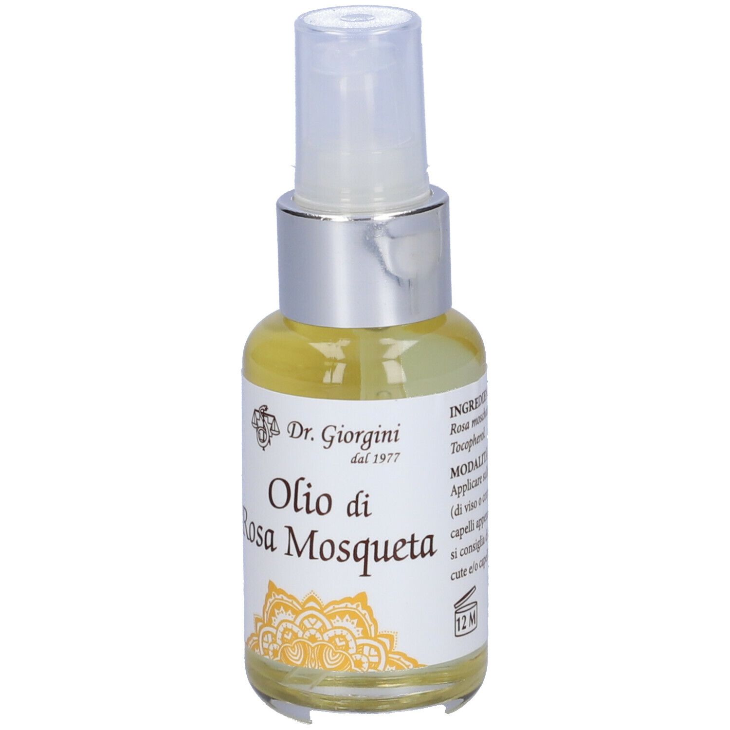 Klarflüssige Flüssigkeit in einer Sprühflasche mit silberfarbenem Verschluss. Aufschrift: Olio di Rosa Mosqueta, Dr. Giorgini.