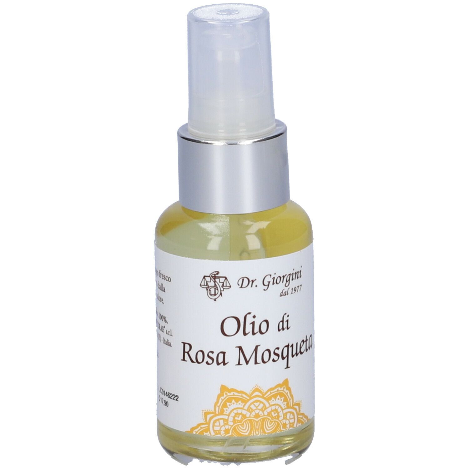 Klarflüssige Flüssigkeit in einer Sprühflasche mit silberfarbenem Verschluss. Aufschrift: Olio di Rosa Mosqueta, Dr. Giorgini.