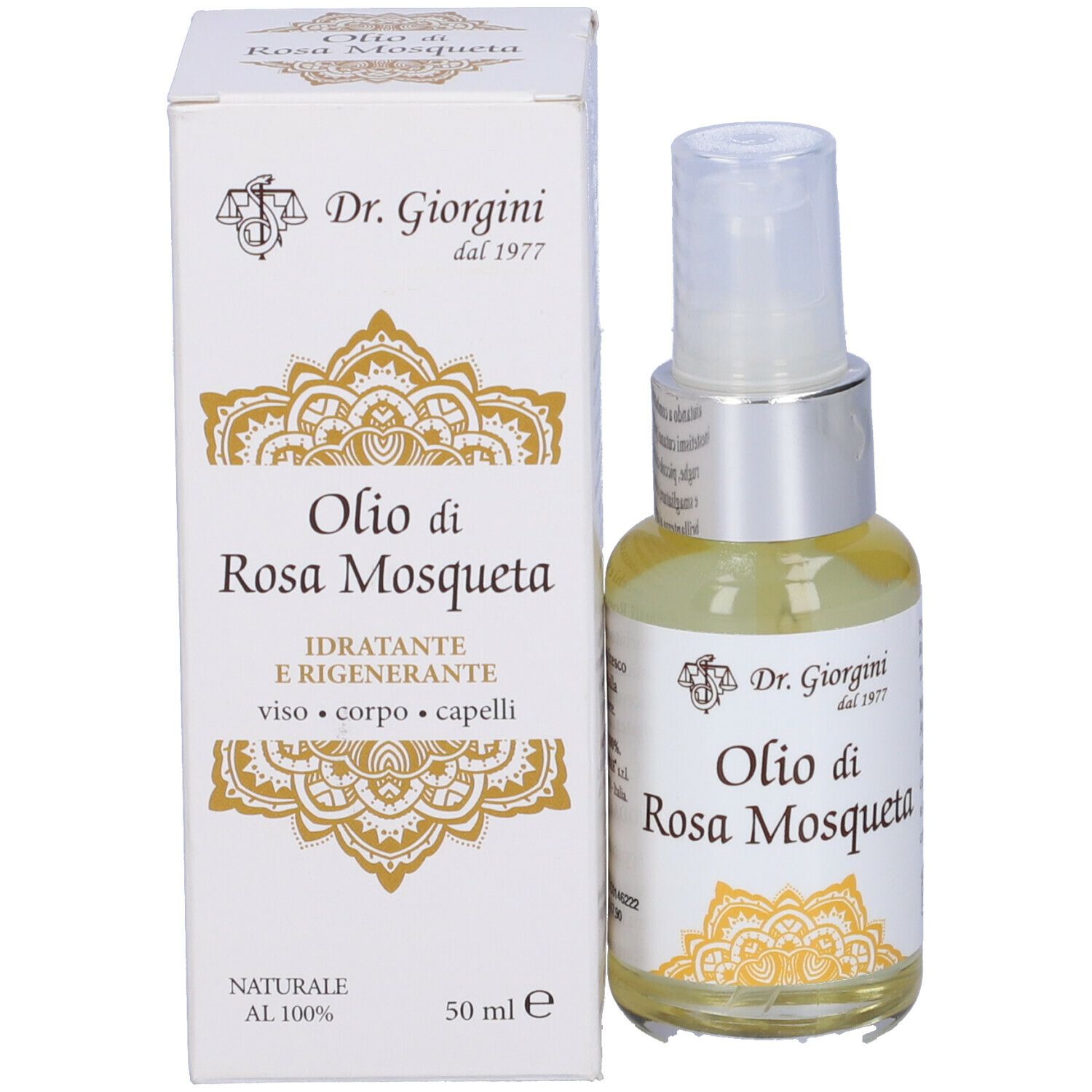 Produktflasche und Verpackung. Aufschrift: Olio di Rosa Mosqueta, Dr. Giorgini. Flasche mit Sprühkopf.