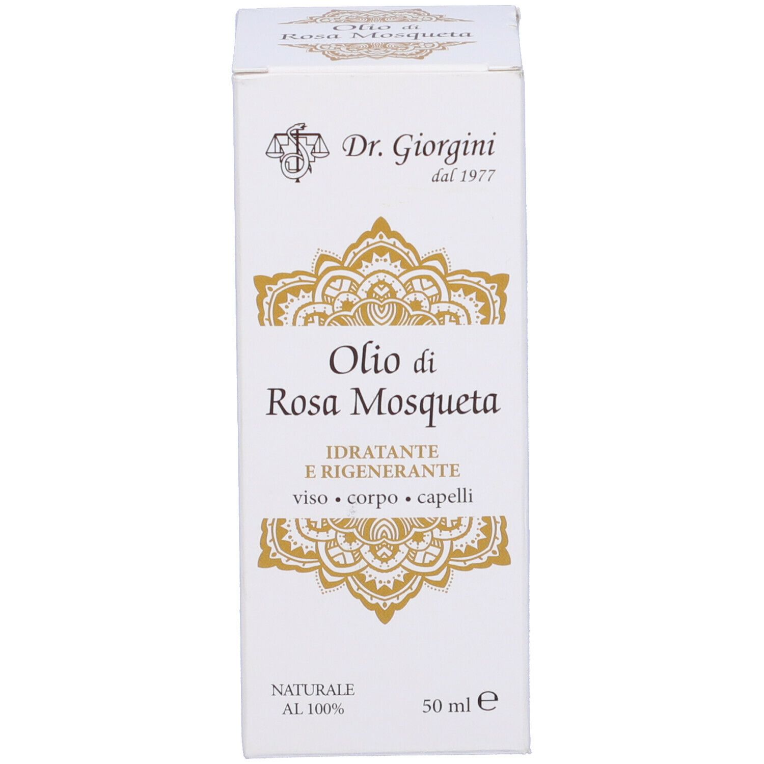 Weiße Kartonverpackung mit goldfarbenem Muster und Text. Aufschrift: Olio di Rosa Mosqueta, Dr. Giorgini.