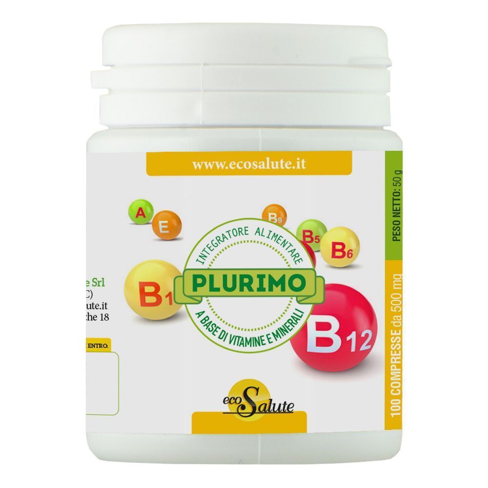 Flacone bianco con etichetta. Scritte: Plurimo, B1, B12, ecoSalute. Contiene 100 compresse. Peso netto 50g.
