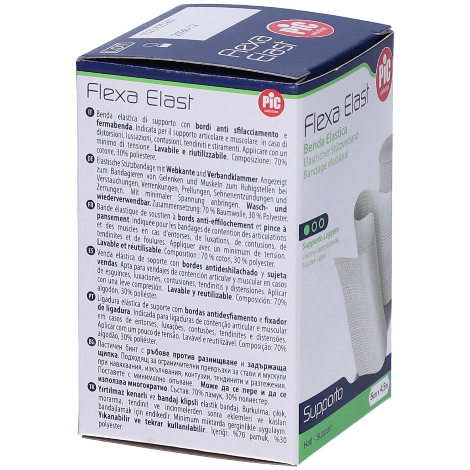 Verpackung von Flexa Elast Bandage. Text: Benda Elastica, Elastischer Stützverband, Bandage élastique. Inhaltsstoffe und Gebrauchsanweisung.