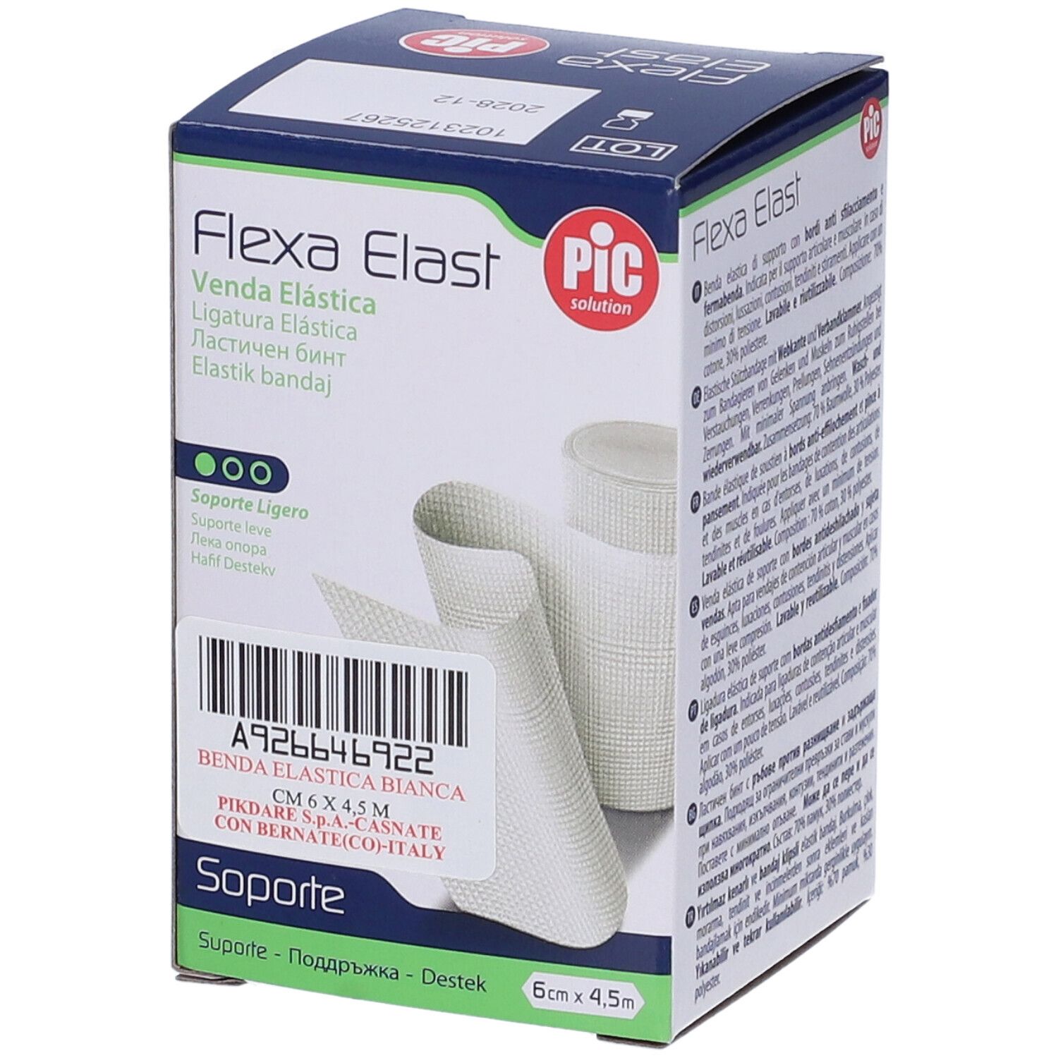 Verpackung von Flexa Elast Bandage. Text: Benda Elastica, Elastischer Stützverband, Bandage élastique. Größe: 6cm x 4,5m. Marke PIC.