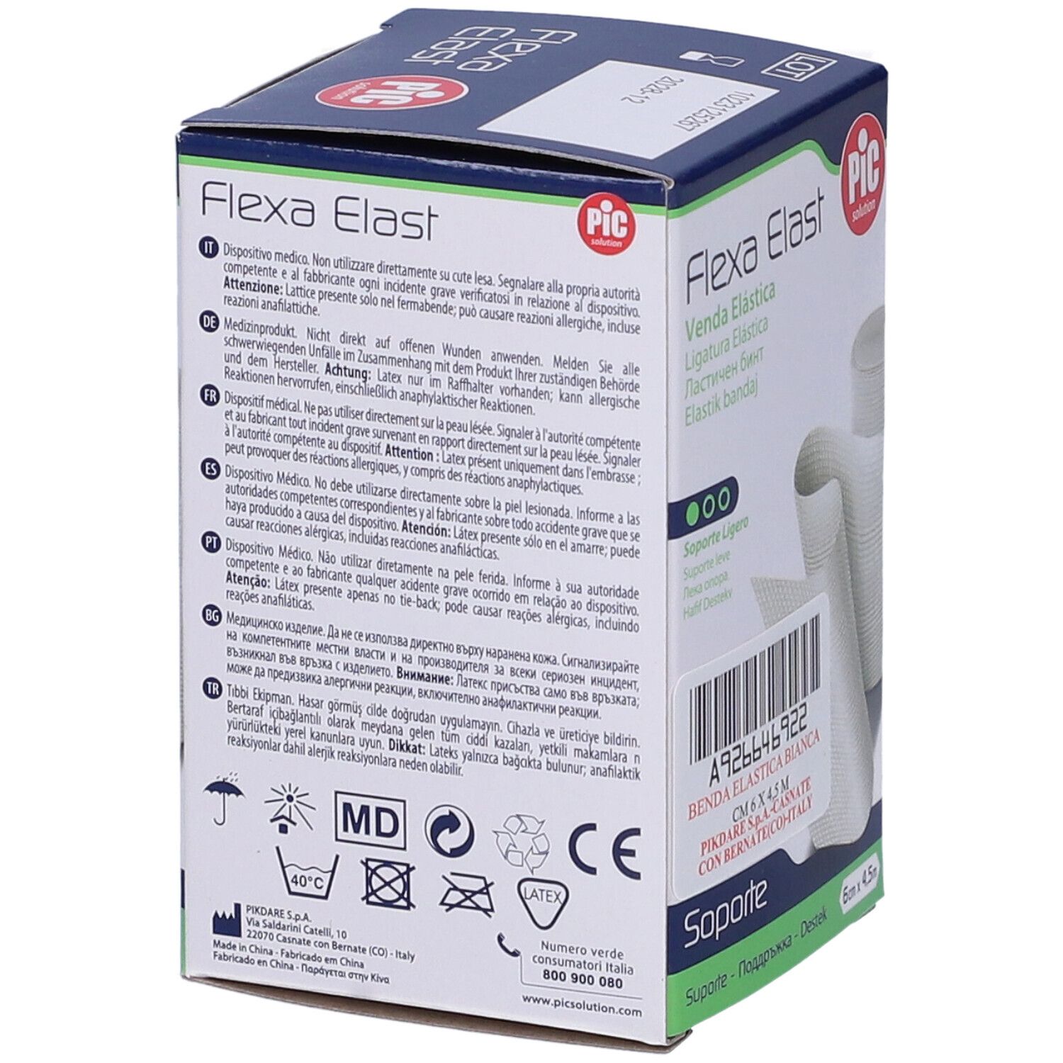 Rückseite der Flexa Elast Bandagenverpackung. Text: Benda Elastica, Elastischer Stützverband, Bandage élastique. Medizinprodukt.