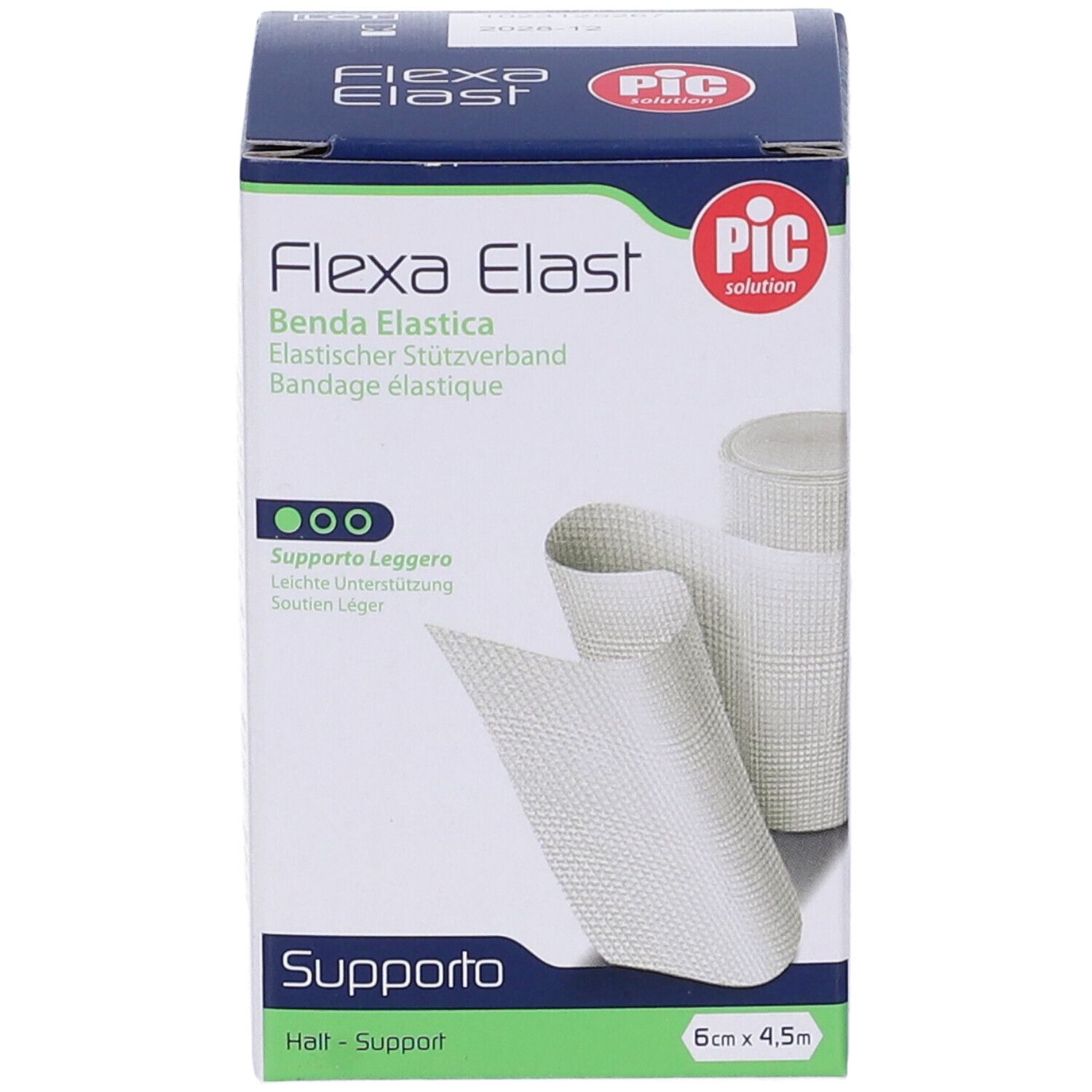 Flexa Elast Bandage in Verpackung. Text: Benda Elastica, Elastischer Stützverband, Bandage élastique. Größe: 6cm x 4,5m. Marke PIC.