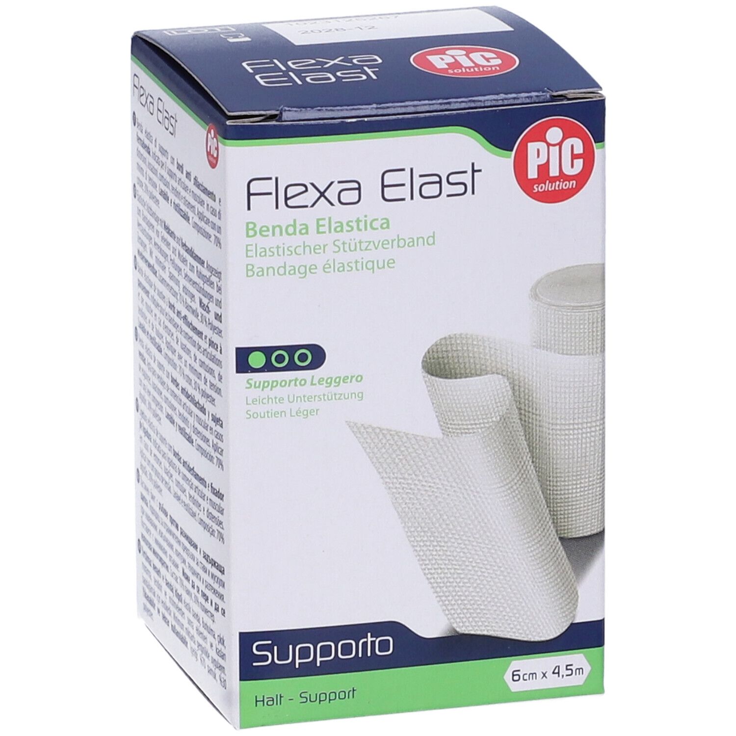 Flexa Elast Bandage in Verpackung. Text: Benda Elastica, Elastischer Stützverband, Bandage élastique. Größe: 6cm x 4,5m. Marke PIC.