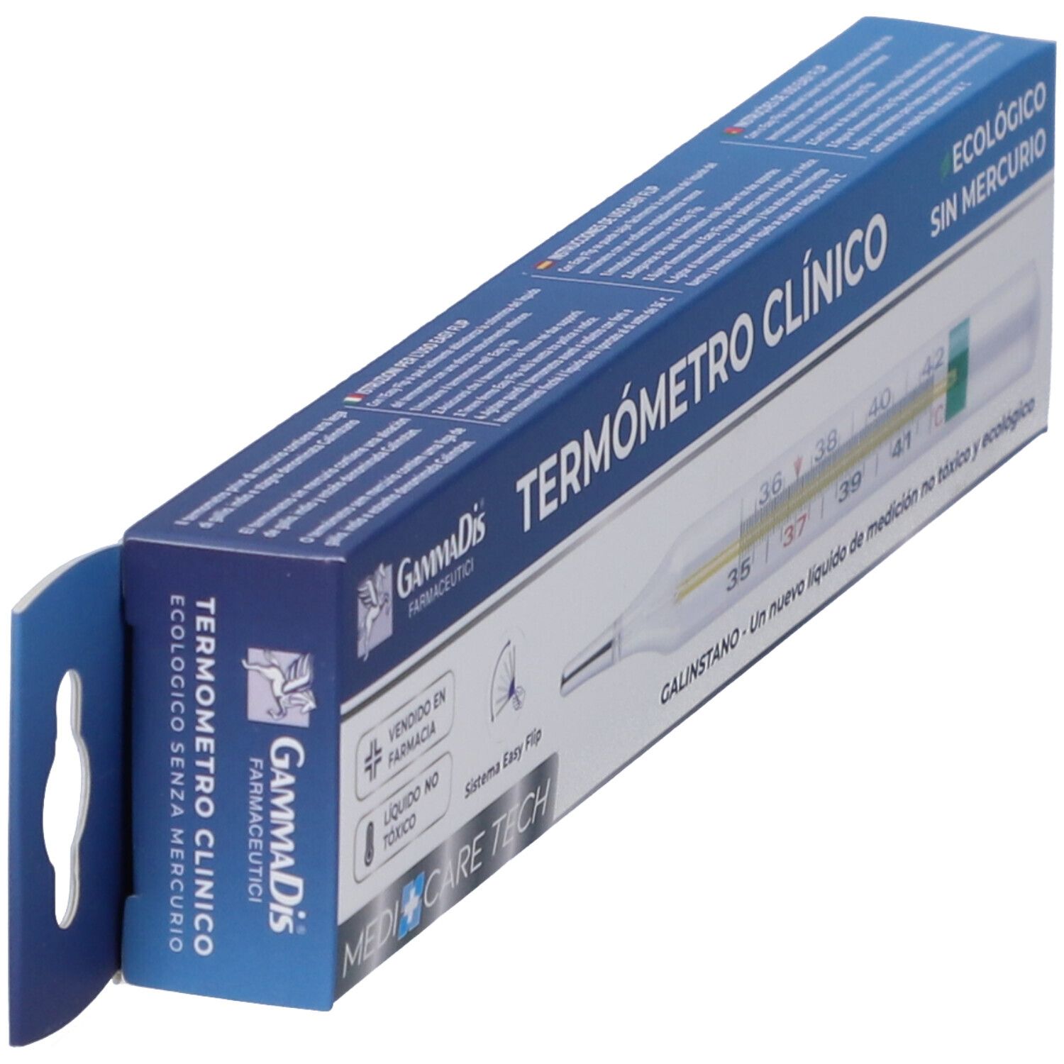 Thermometer in Verpackung. Klinisches Thermometer ohne Quecksilber. Skala von 35 bis 42 Grad. Marke Gammadis.