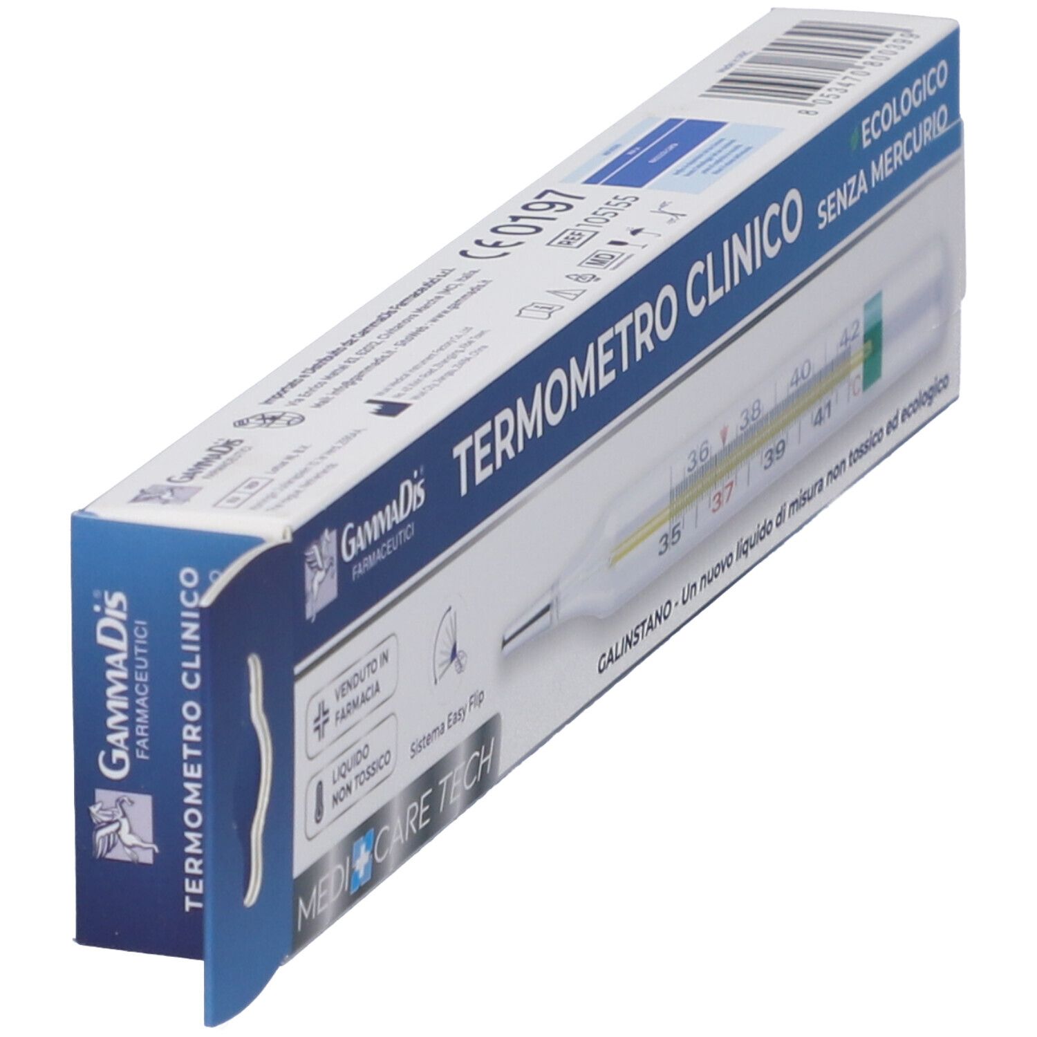 Thermometer in Verpackung. Klinisches Thermometer ohne Quecksilber. Skala von 35 bis 42 Grad. Marke Gammadis.