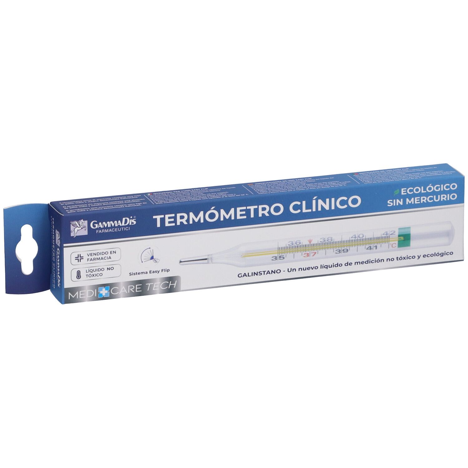 Thermometer in Verpackung. Klinisches Thermometer ohne Quecksilber. Skala von 35 bis 42 Grad. Marke Gammadis.