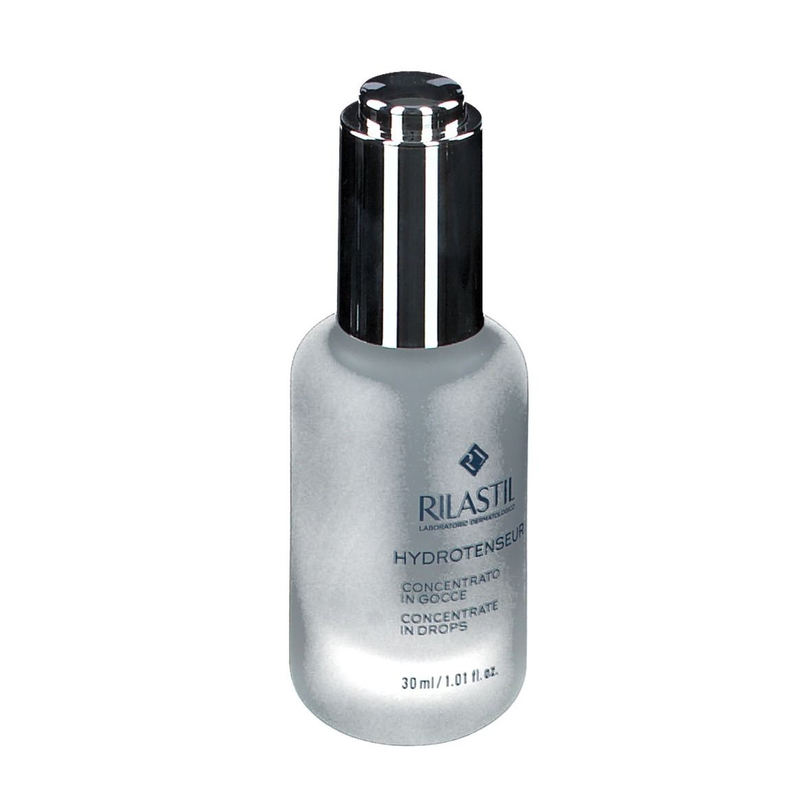 Flacone trasparente con tappo argentato. Scritta: Rilastil Hydrotenseur Concentrato in Gocce. 30 ml.