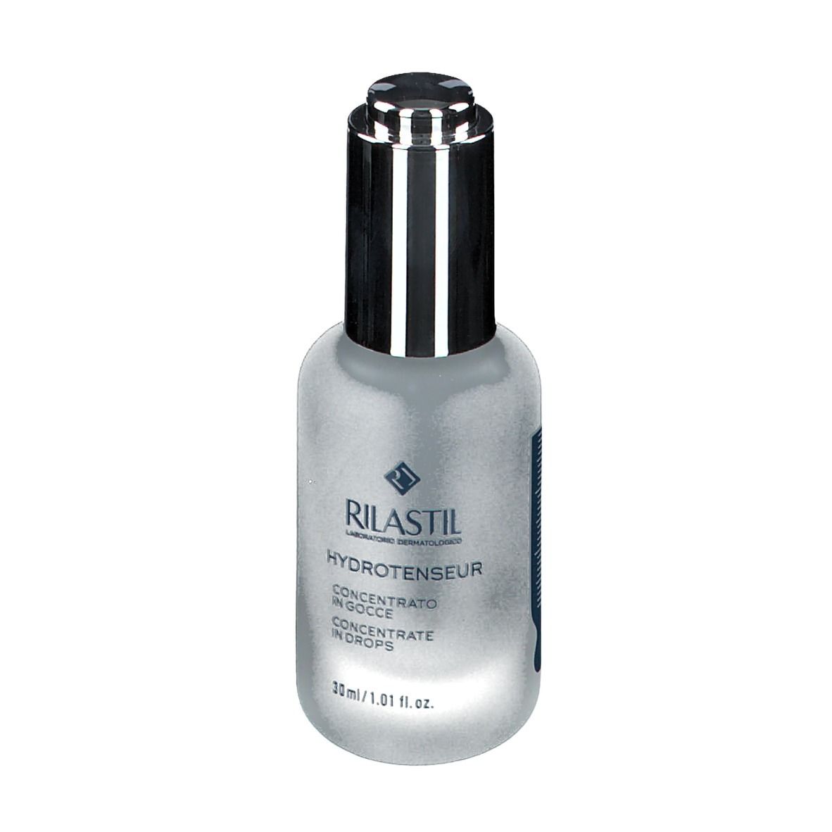 Flacone trasparente con tappo argentato. Scritta: Rilastil Hydrotenseur Concentrato in Gocce. 30 ml.