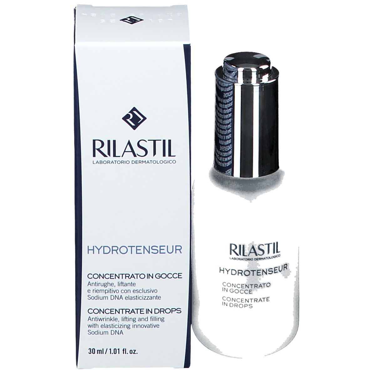 Flacone e confezione del prodotto. Sulla confezione: Rilastil Hydrotenseur Concentrato in Gocce. 30 ml.