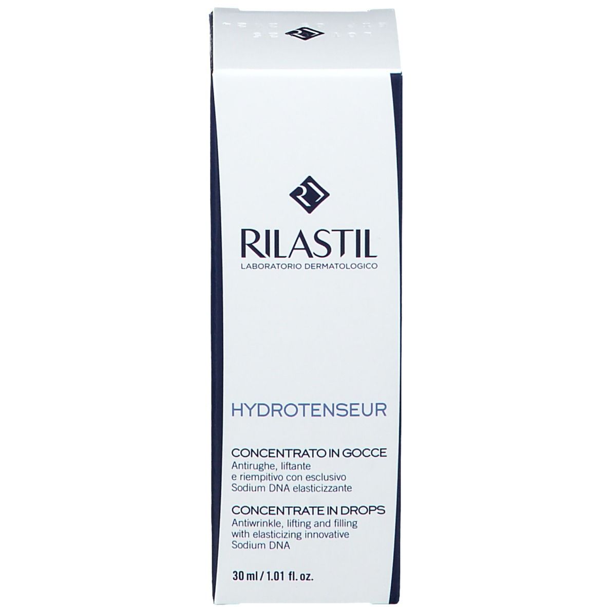 Confezione con scritta: Rilastil Hydrotenseur Concentrato in Gocce. 30 ml.