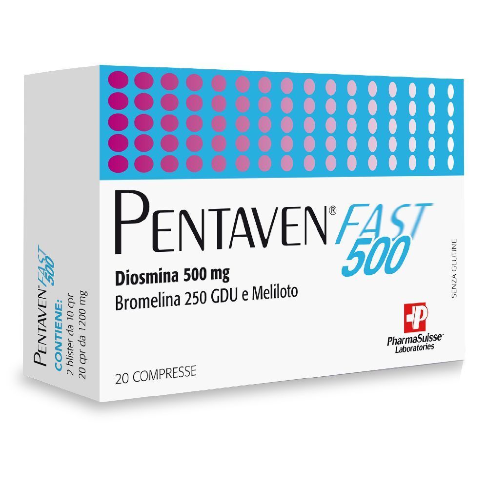 Scatola di Pentaven Fast 500. Scritto: Diosmina 500 mg, Bromelina 250 GDU e Meliloto. 20 compresse. Logo Pharma Suisse.