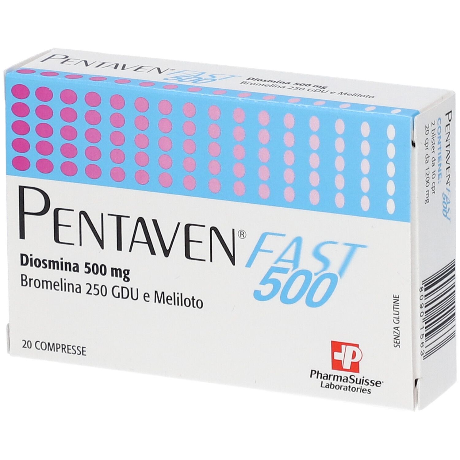 Scatola di Pentaven Fast 500. Scritto: Diosmina 500 mg, Bromelina 250 GDU e Meliloto. 20 compresse. Logo Pharma Suisse.