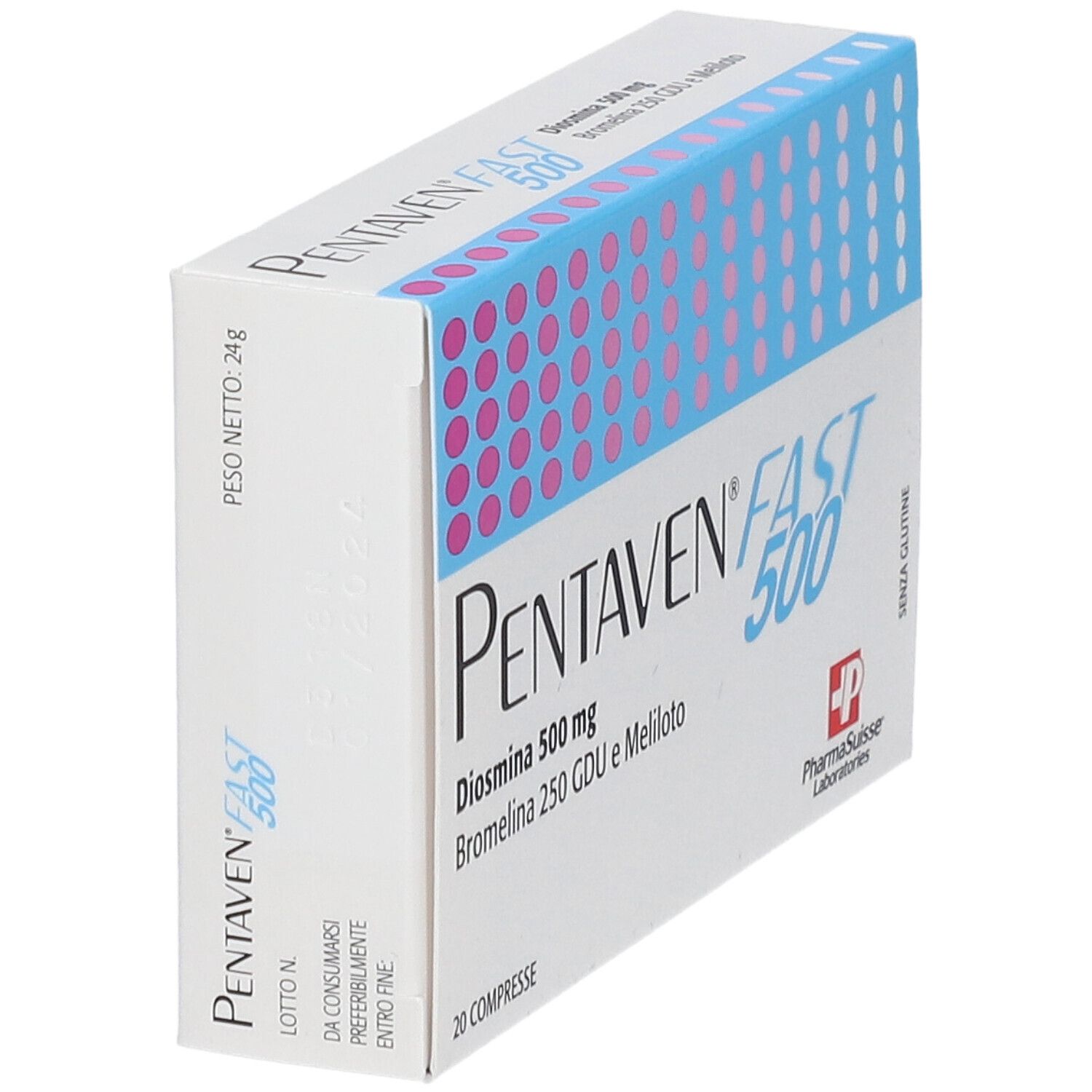 Scatola di Pentaven Fast 500. Scritto: Diosmina 500 mg, Bromelina 250 GDU e Meliloto. 20 compresse. Logo Pharma Suisse.