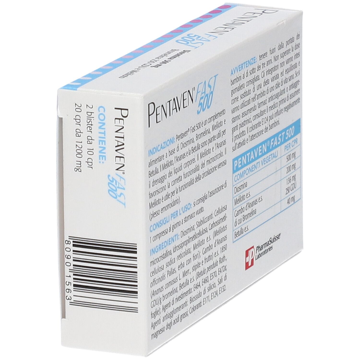 Scatola Pentaven Fast 500, vista laterale. Contiene informazioni e il logo Pharma Suisse.