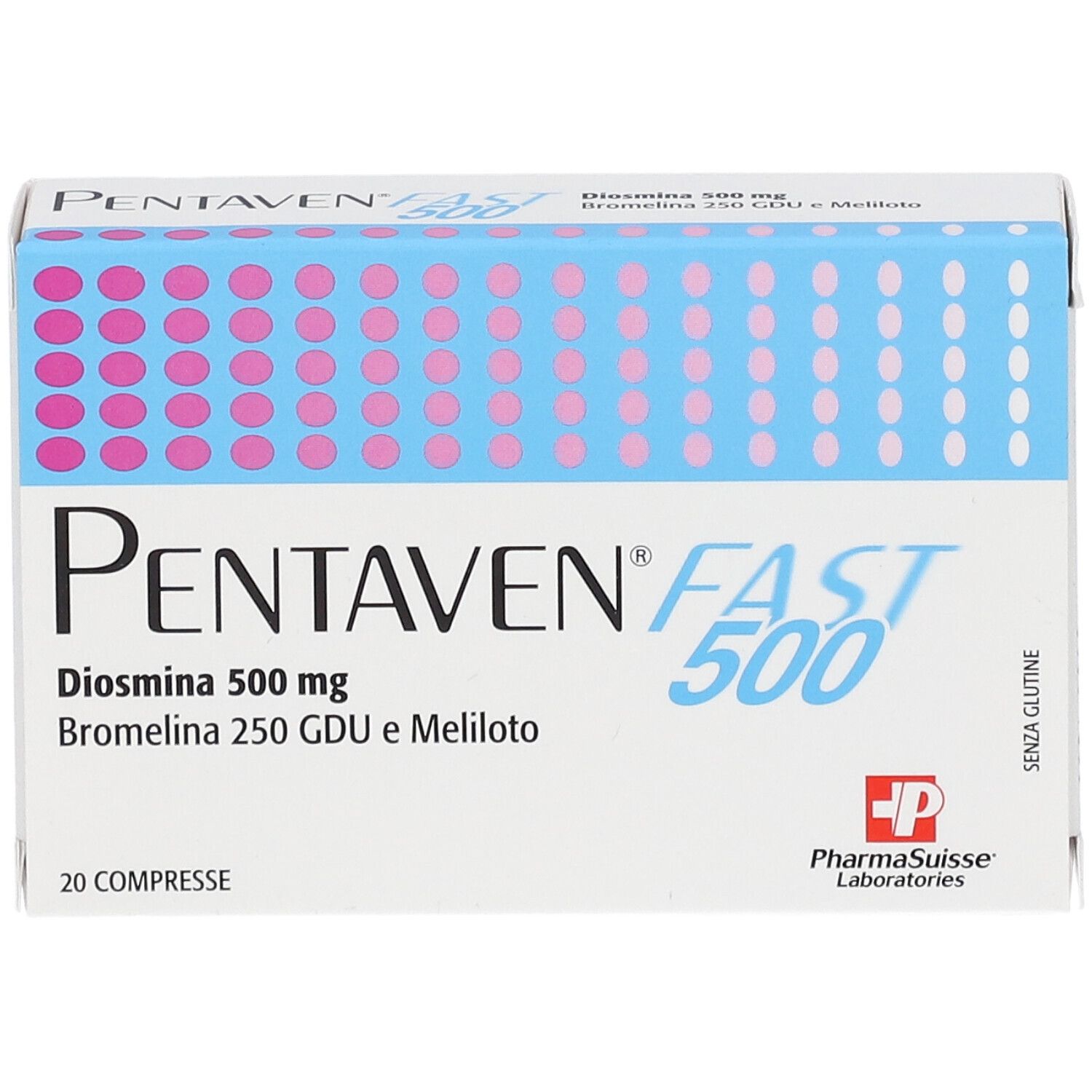 Scatola di Pentaven Fast 500. Scritto: Diosmina 500 mg, Bromelina 250 GDU e Meliloto. 20 compresse. Logo Pharma Suisse.
