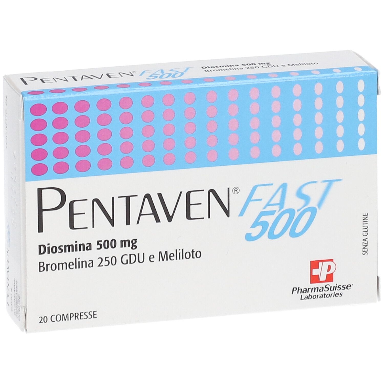 Scatola di Pentaven Fast 500. Scritto: Diosmina 500 mg, Bromelina 250 GDU e Meliloto. 20 compresse. Logo Pharma Suisse.