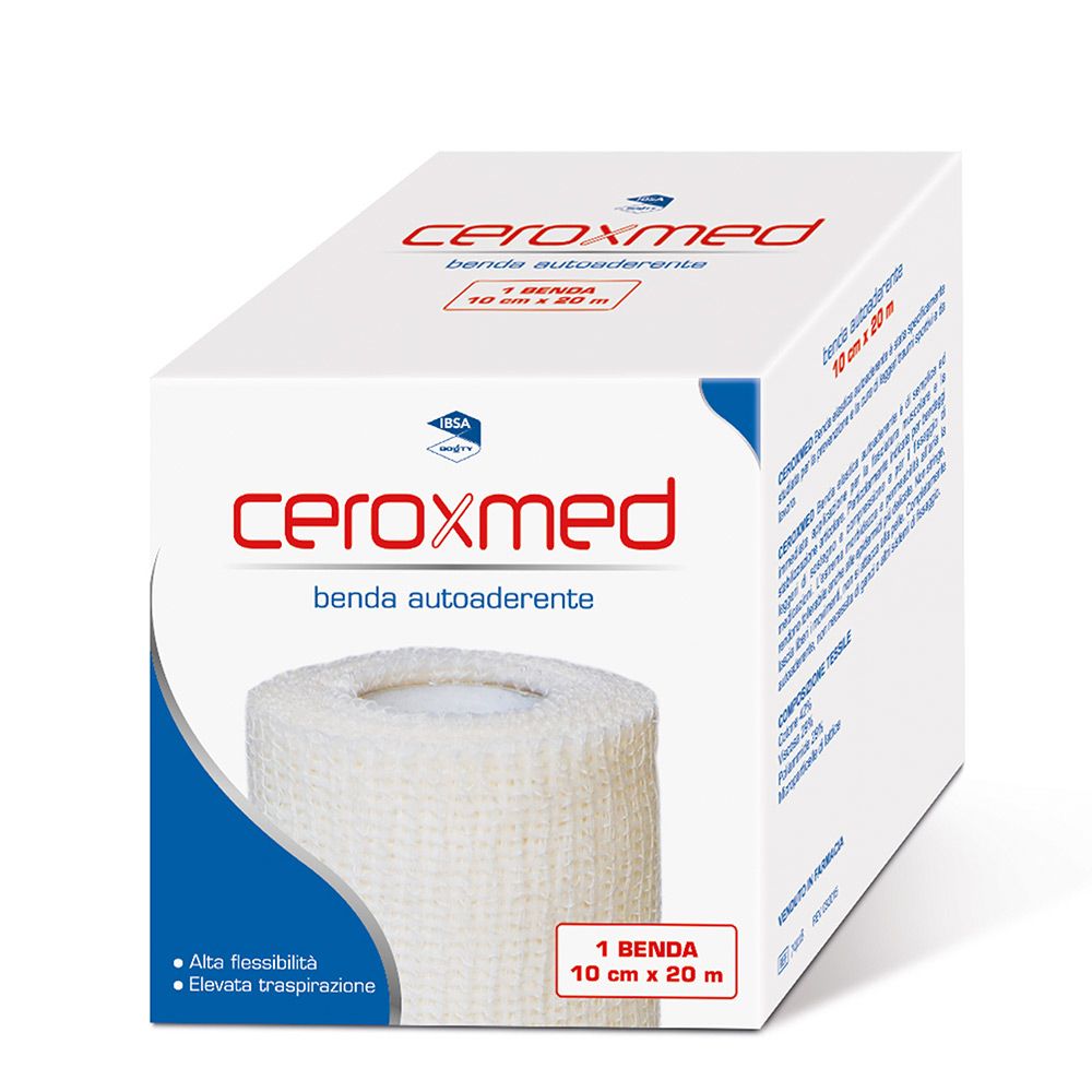 Confezione di Ceroxmed Benda Autoaderente. Scatola bianca con logo del prodotto. Rotolo di benda visibile.