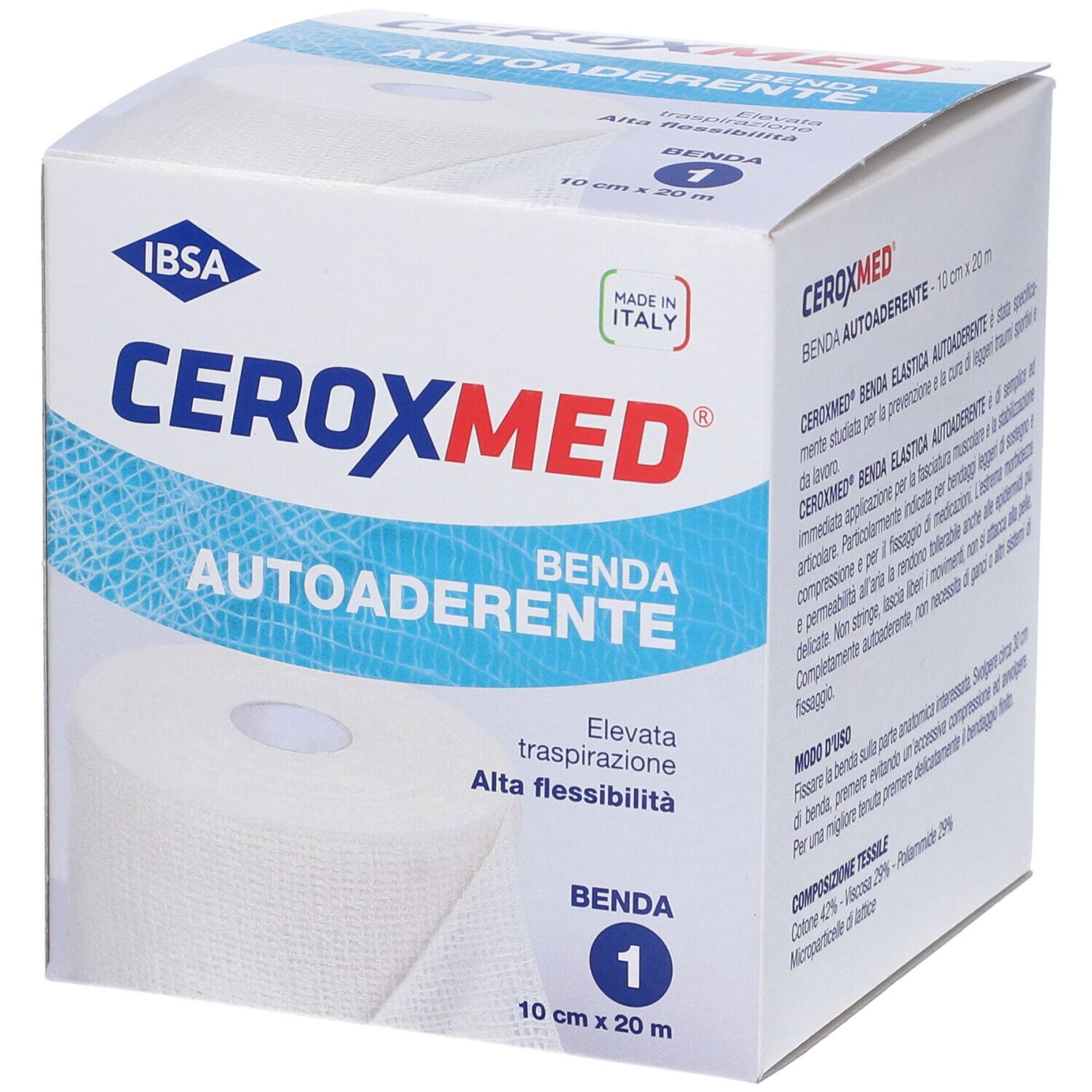 Confezione Ceroxmed Benda Autoaderente. Scatola bianca con nome e logo del prodotto. Rotolo di benda, 'Made in Italy'.