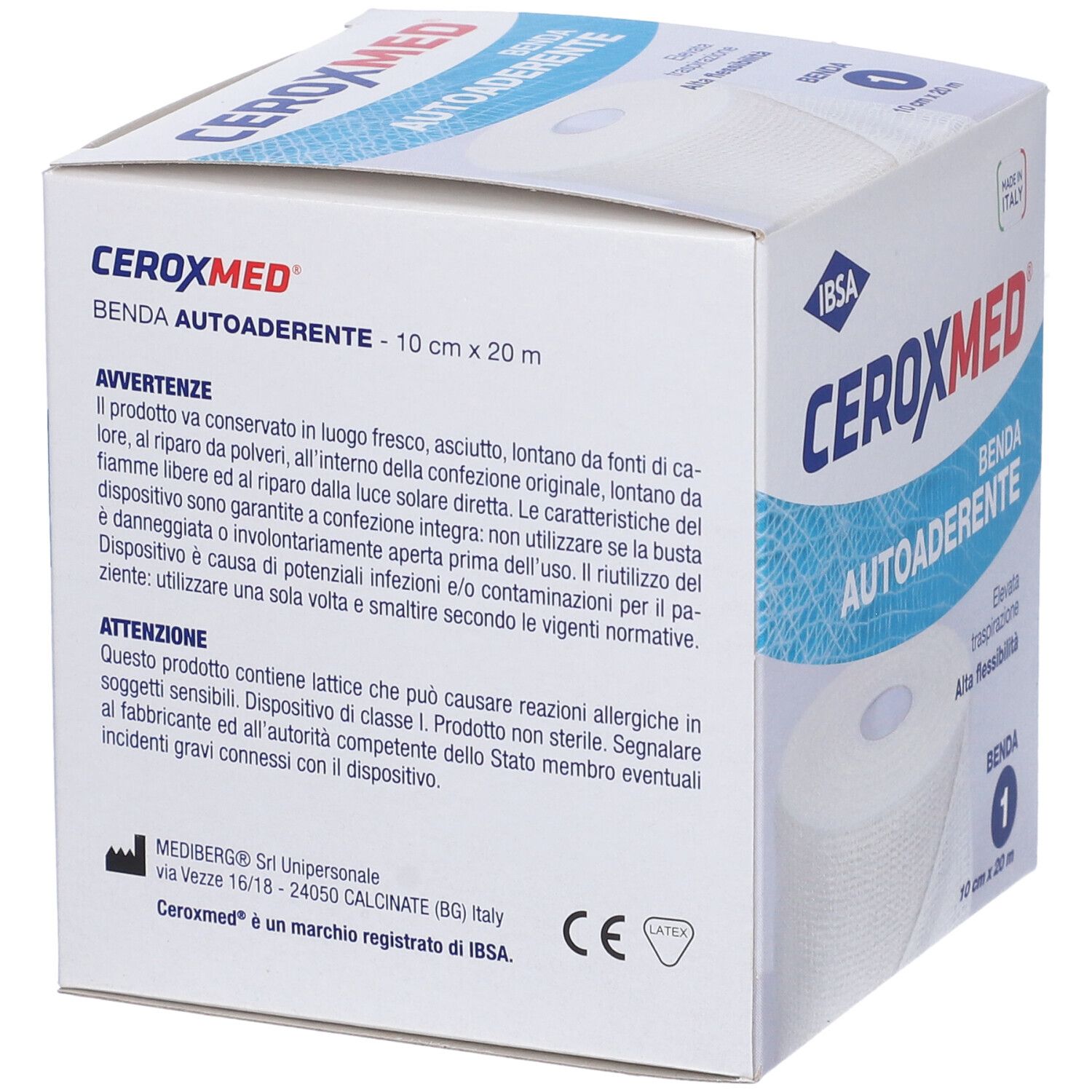 Confezione Ceroxmed Benda Autoaderente. Scatola bianca con informazioni e marchio CE. Retro della scatola.