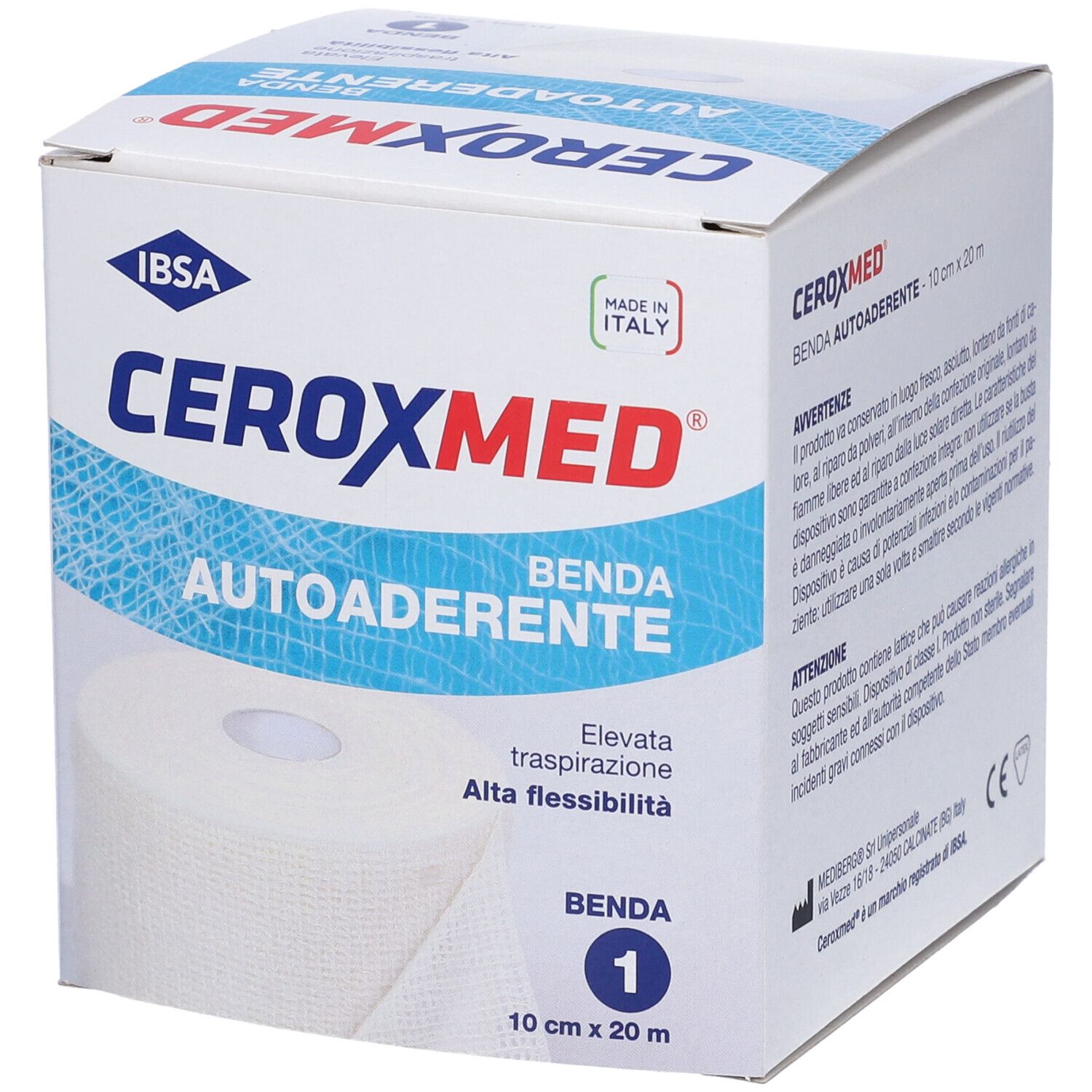Confezione Ceroxmed Benda Autoaderente. Scatola bianca con nome e logo del prodotto. Rotolo di benda visibile.