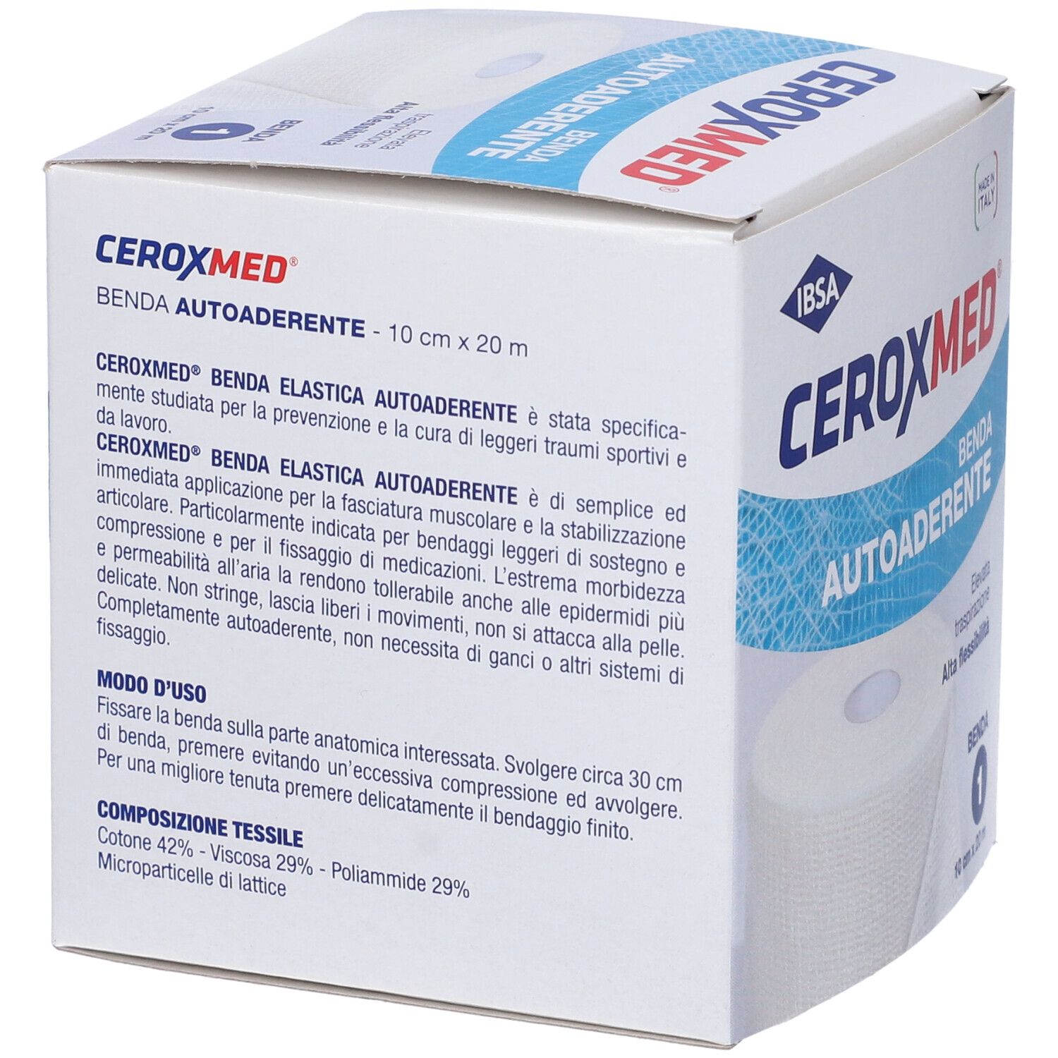 Confezione Ceroxmed Benda Autoaderente. Scatola bianca con informazioni. Testo su uso e composizione.