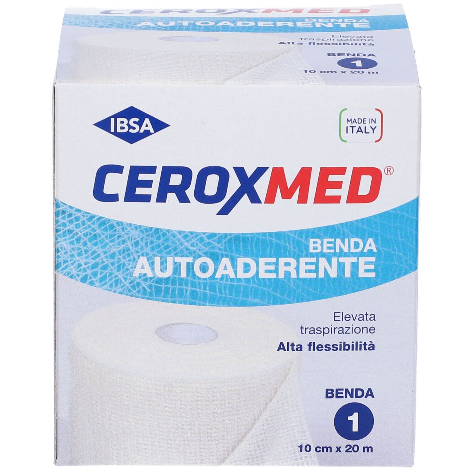 Confezione Ceroxmed Benda Autoaderente. Scatola bianca con nome e logo del prodotto. Rotolo di benda visibile.
