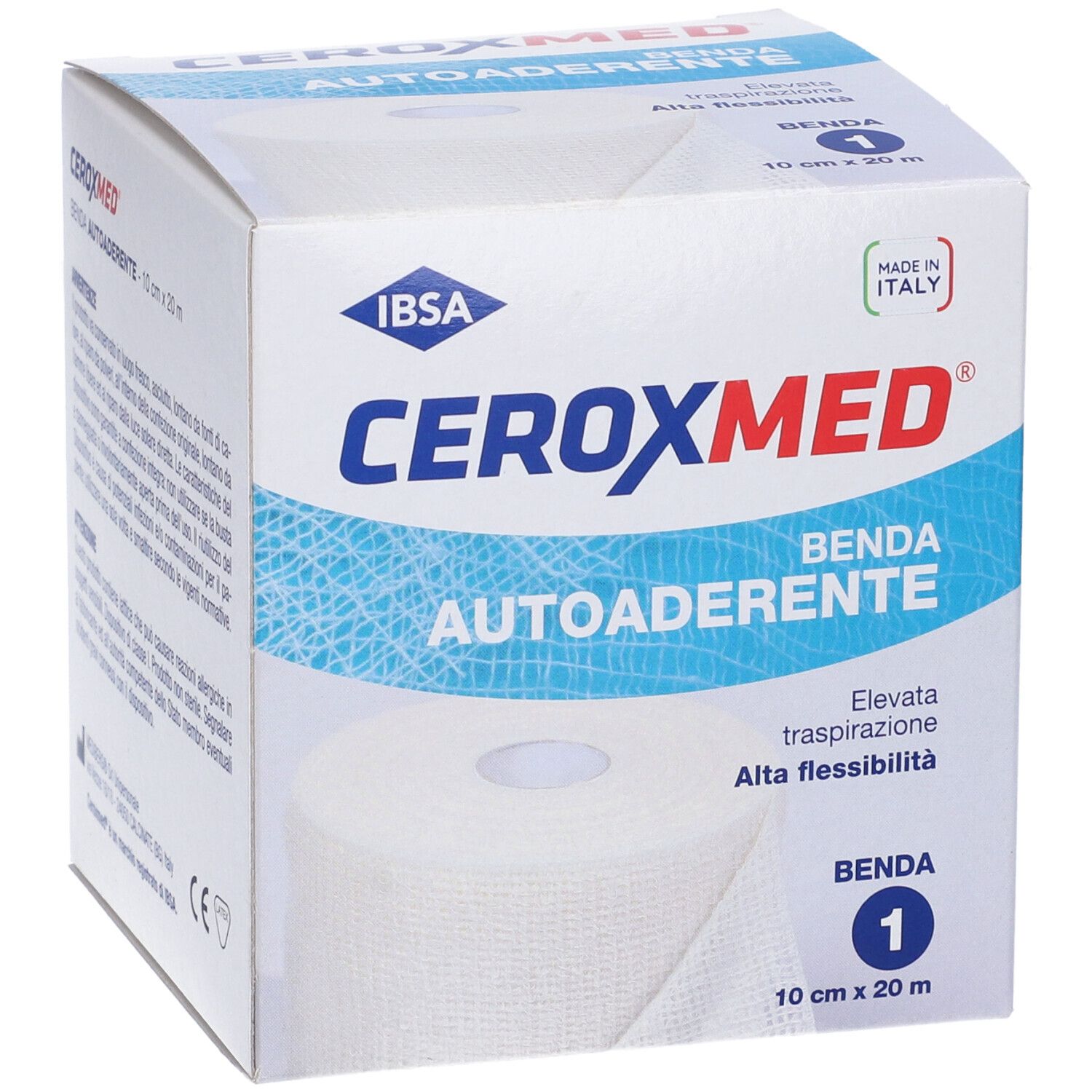 Confezione Ceroxmed Benda Autoaderente. Scatola bianca con nome e logo del prodotto. Rotolo di benda visibile.