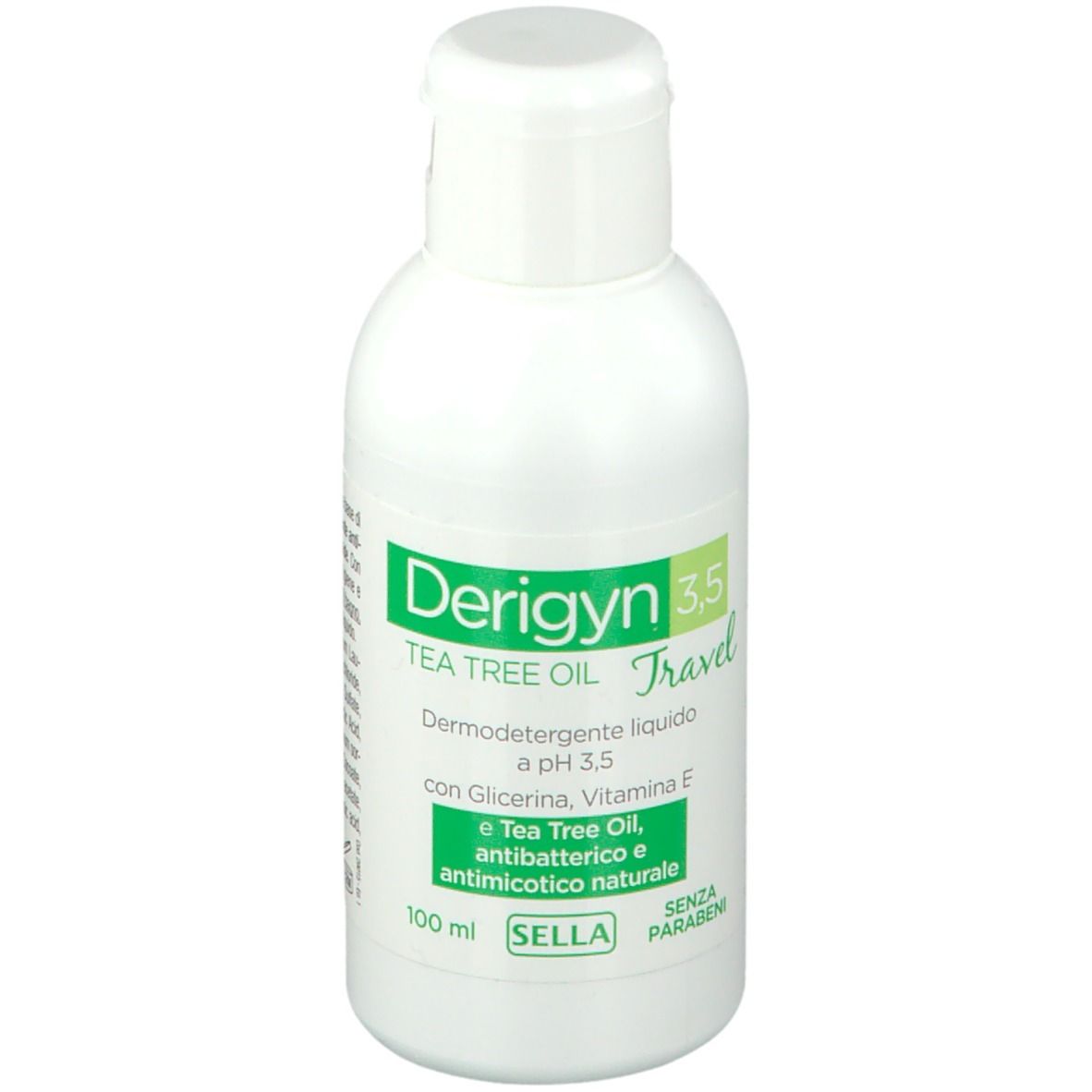 Flacone bianco con etichetta verde. Scritta: Derigyn 3.5 Tea Tree Oil Travel. Contiene 100 ml.