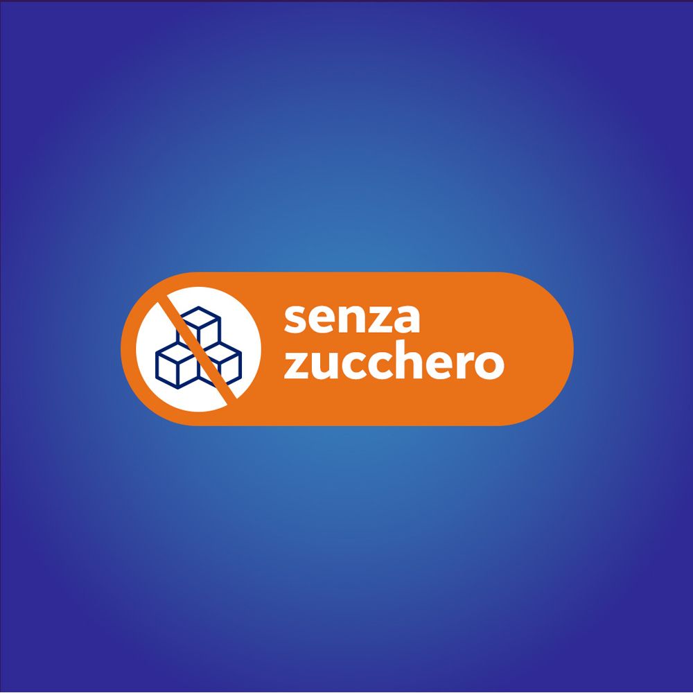 Orangefarbener Hintergrund mit weißem Text: ohne Zucker. Abbildung von Zuckerwürfeln mit einem Verbotssymbol.