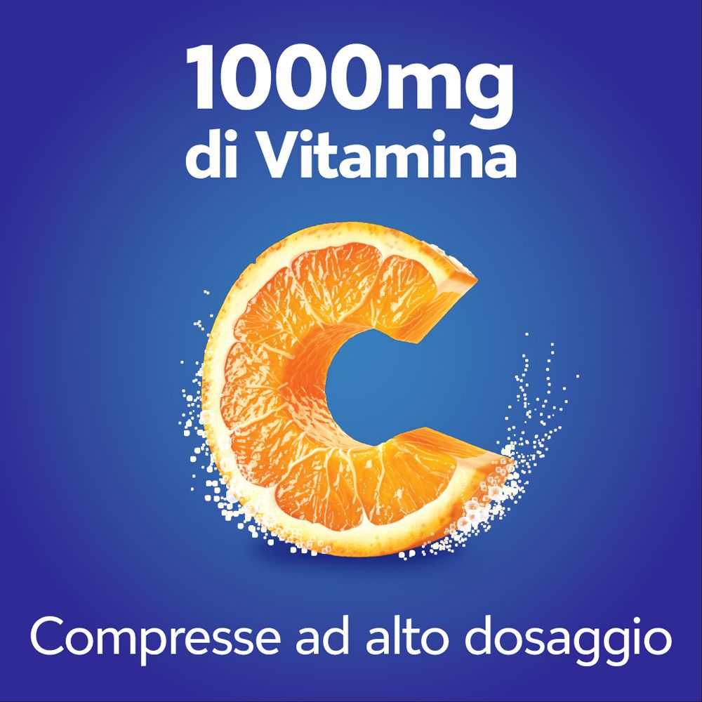 Halbe Orange mit Vitamin C-Kristallen. Text: 1000mg Vitamin C. Brausetabletten mit hoher Dosierung.