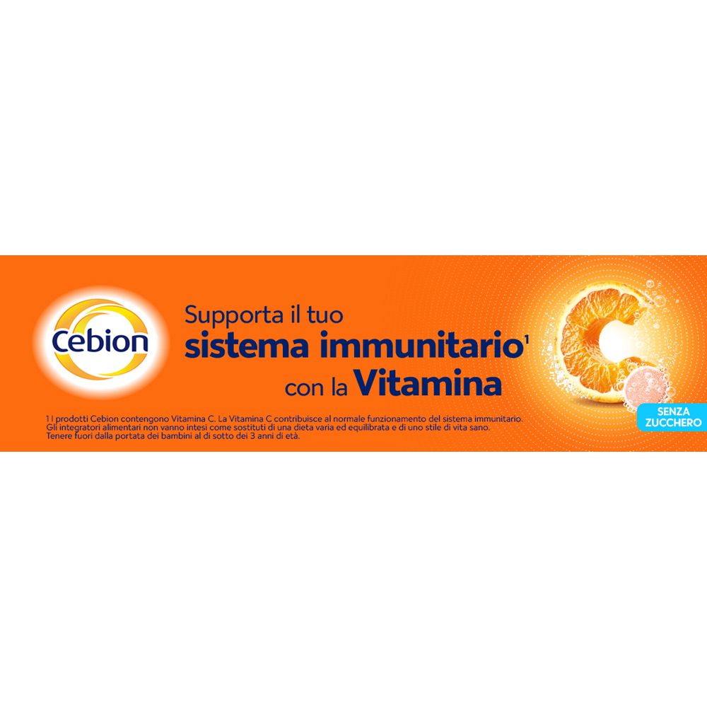 Orangefarbener Hintergrund mit Cebion-Logo und Text. Unterstützt das Immunsystem mit Vitamin C.