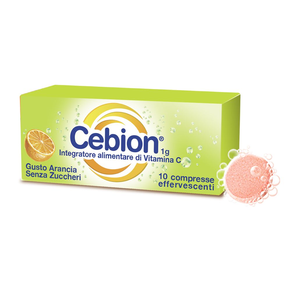 Grüne Schachtel mit Cebion-Logo, Orangenscheibe und Text. 10 Brausetabletten, zuckerfrei.