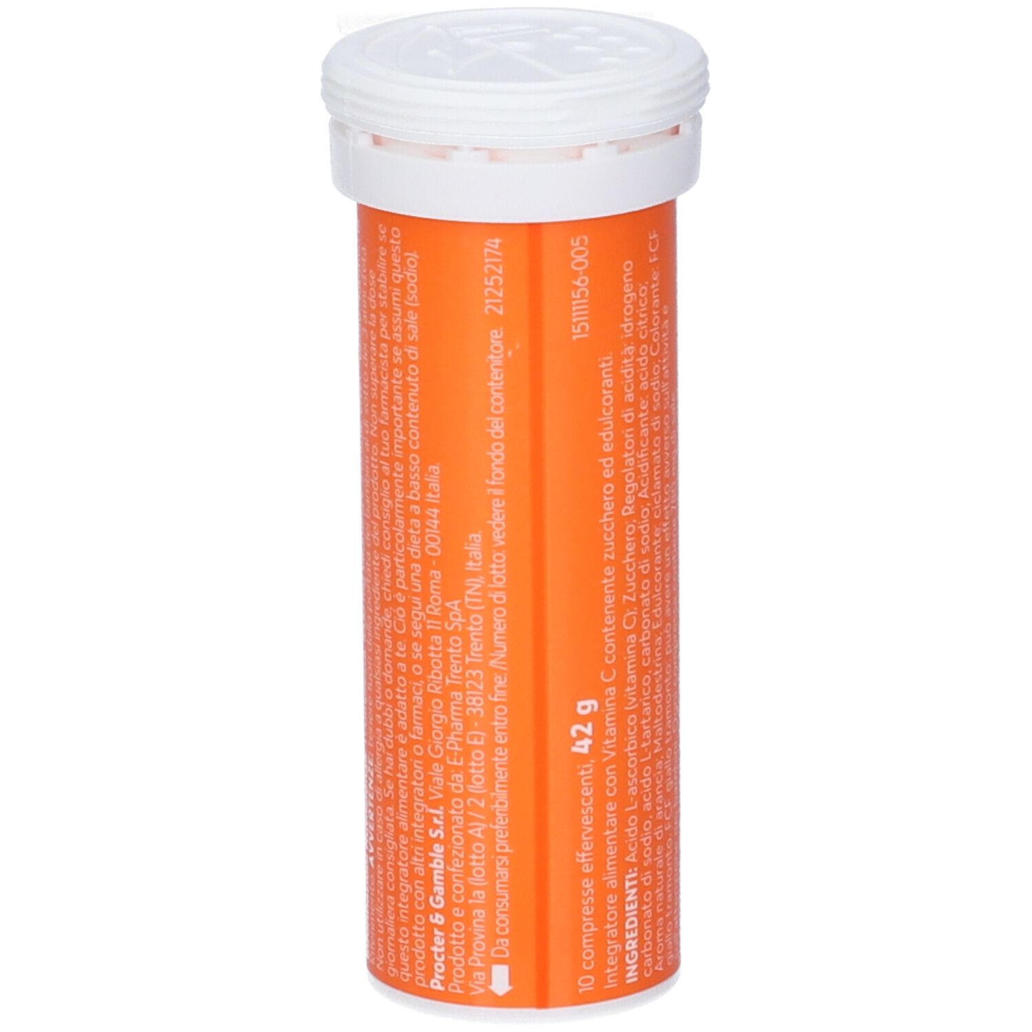 Orangefarbene Tube mit Text und Inhaltsstoffen. Enthält 10 Brausetabletten.