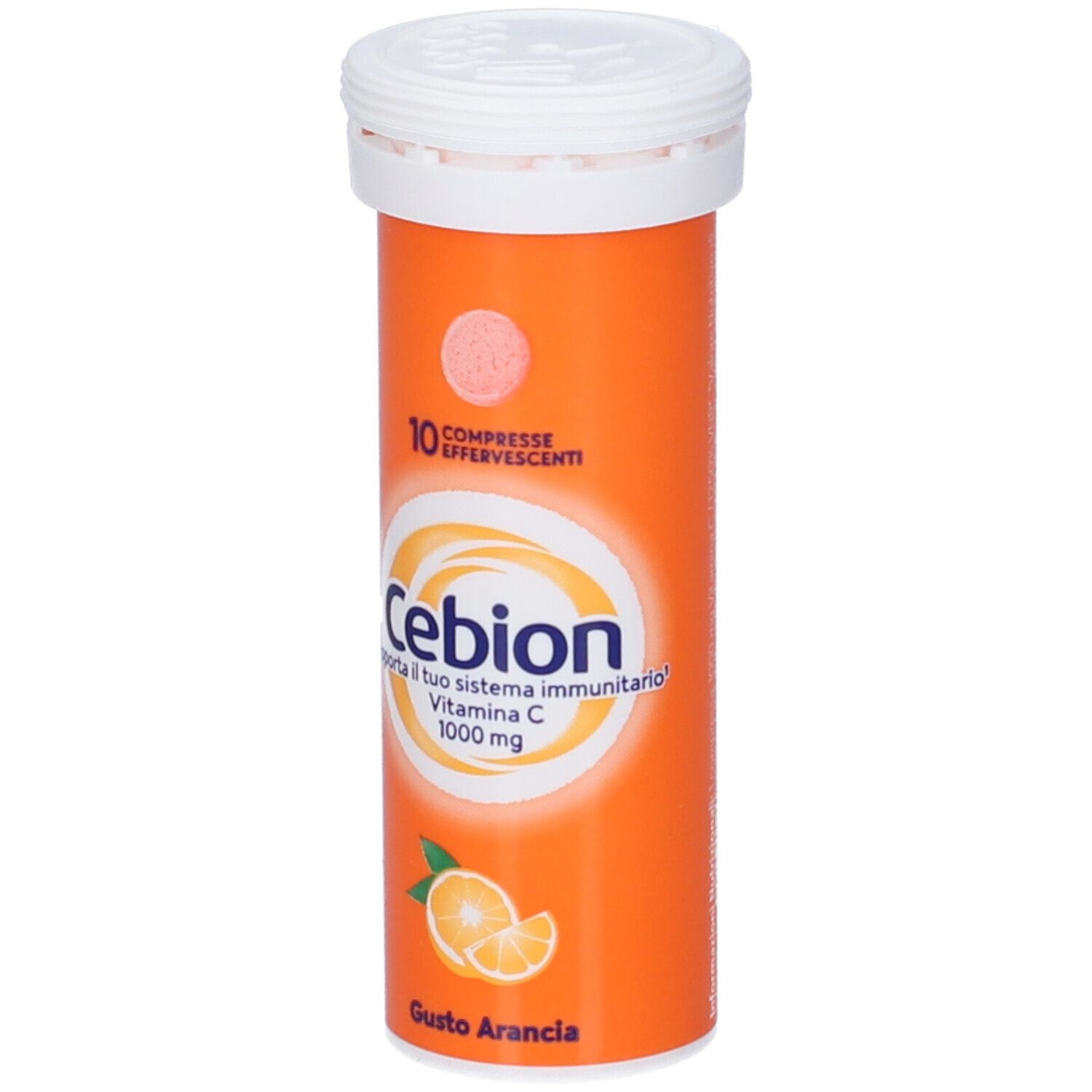 Orangefarbene Tube mit 10 Brausetabletten. Text: Cebion, Vitamin C 1000 mg, Geschmack: Orange.