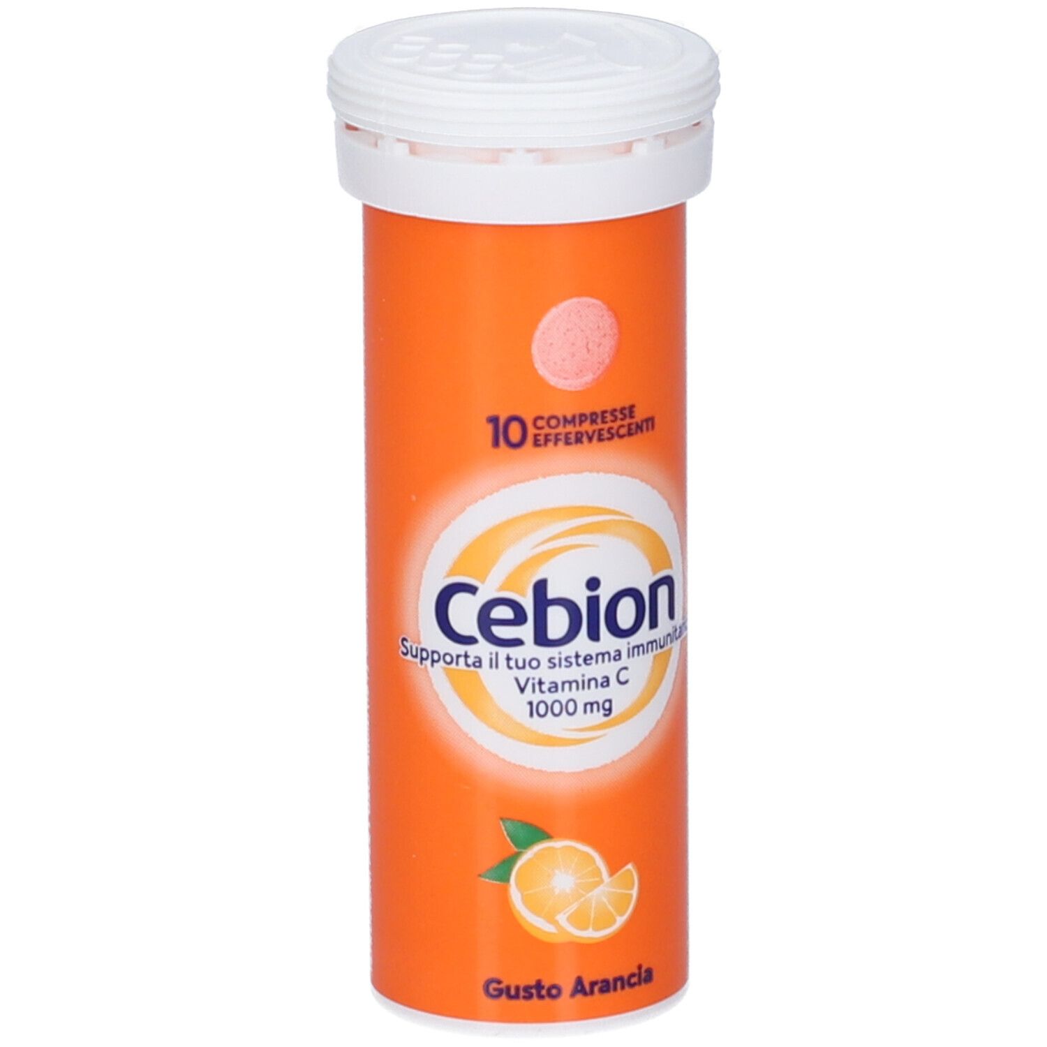 Orangefarbene Tube mit 10 Brausetabletten. Text: Cebion, Vitamin C 1000 mg, Geschmack: Orange.